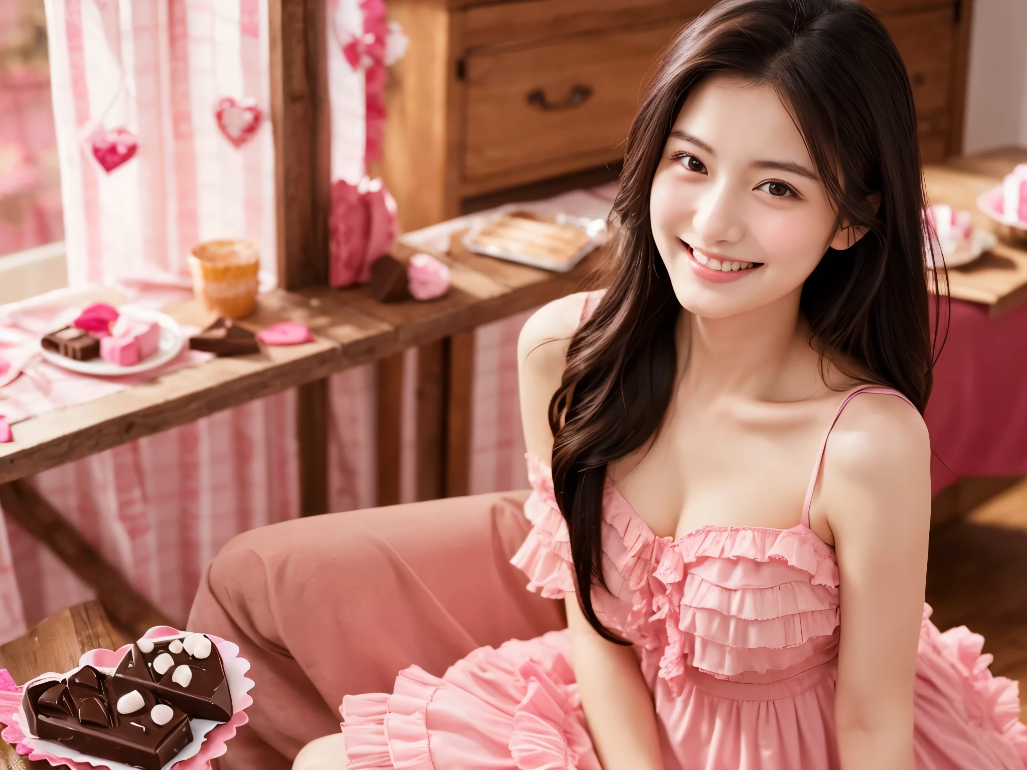 A woman with such a beautiful and well-proportioned face that you will fall in love with.
Beautiful and long hair
(black hair)
G cup breasts
smiling with a gentle smile
Make homemade chocolate for Valentine's Day
Cute dress with lots of frills
(pink dress)
The woman is alone in the photo.
Japanese