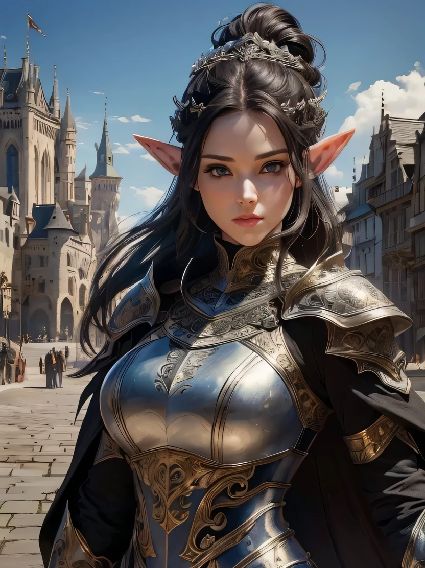 ((masterpiece、highest quality、Super detailed、High resolution、sharp focus、cinematic lighting))、((1 female、bust shot))、Portrait of a beautiful female elf 、40 years old、elaborately patterned cloth cloak、Textured black leather armor and leggings、Chalkboard armor with delicate carvings、black leather gloves、tall、well-proportioned body shape、、((black hair ponytail))、blue eyes、highly detailed face、Fine ears、view audience、Detailed depiction of hands、Beautiful medieval cityscape and castle in the background、Detailed background depiction、oil
