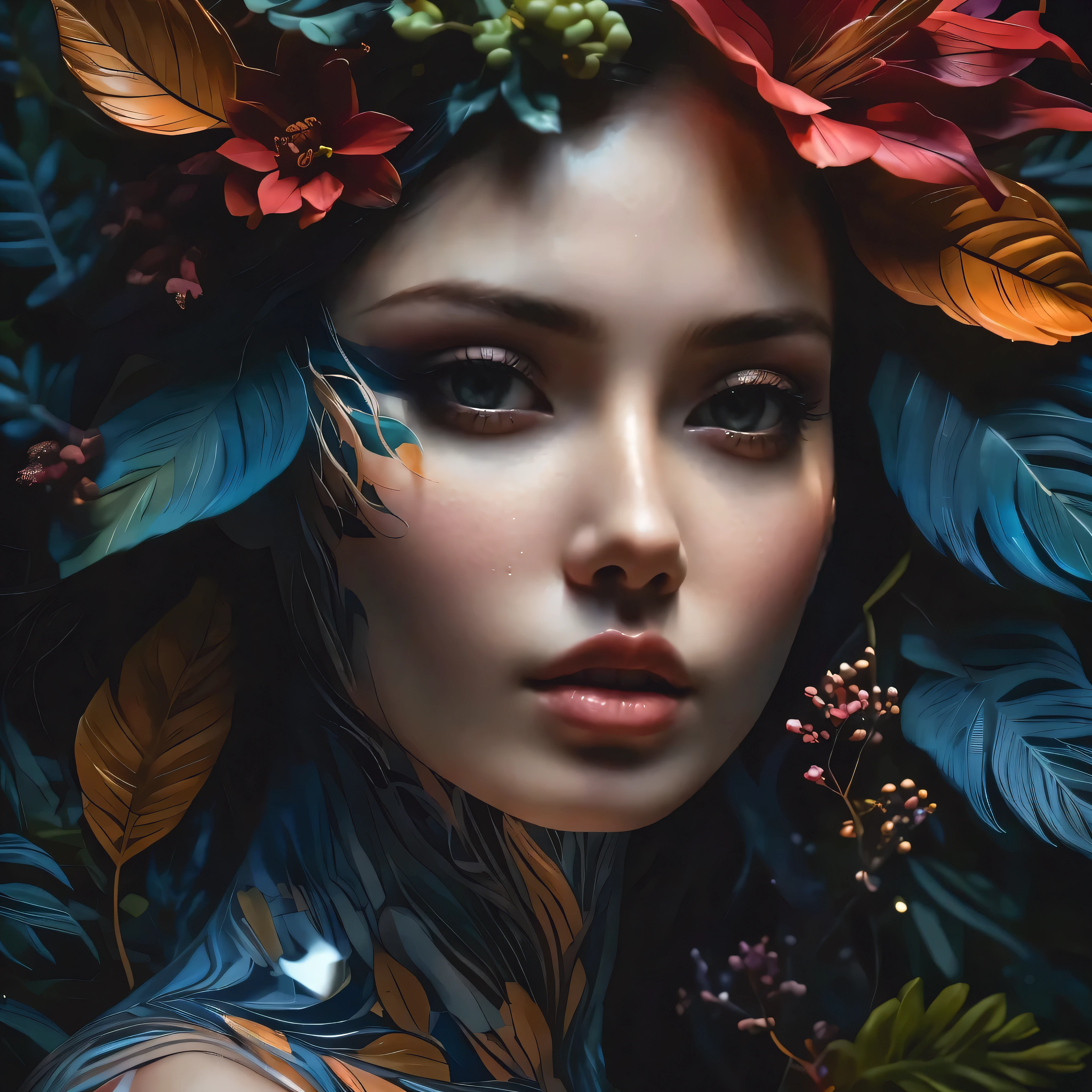 there is a woman with a flower crown on her head, beautiful fantasy portrait, beautiful fantasy art portrait, beautiful art uhd 4 k, beautiful digital artwork, fantasy portrait, fantasy art portrait, portrait of a dark fantasy nymph, hyperrealism. fantasy 4k, gorgeous digital art, beautiful digital art, stunning digital illustration, detailed matte fantasy portrait, beautiful gorgeous digital art