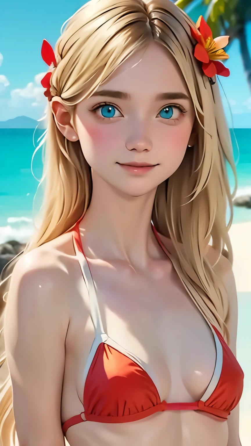 one girl、perfect anatomy、blonde hair、Random shortcuts、aggressive hairstyle、small face、、smile、realistic person々、super detailed、red bikini、flower hair ornament、blurred background、southern island、Palm tree、white sand beach、blue sea、Blue sky、White cloud、Cumulonimbus cloud