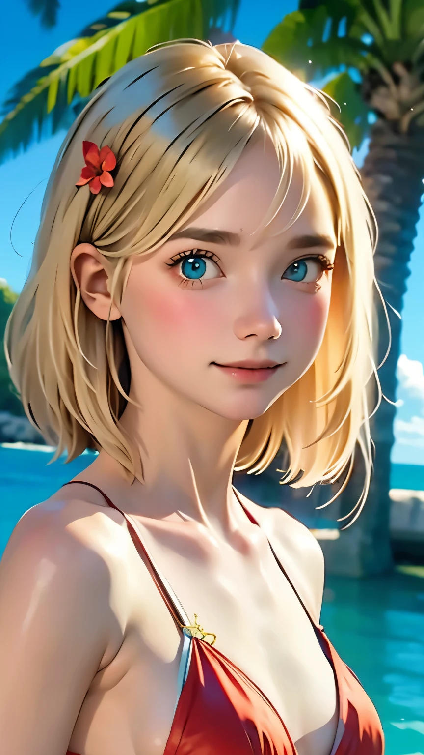 one girl、perfect anatomy、blonde hair、Random shortcuts、aggressive hairstyle、small face、、smile、realistic person々、super detailed、red bikini、flower hair ornament、blurred background、southern island、Palm tree、white sand beach、blue sea、Blue sky、White cloud、Cumulonimbus cloud