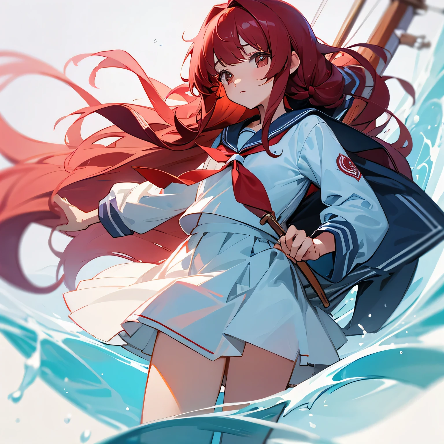 (masterpiece, Highest quality:1.2), alone, One girl, Shiori Fujisaki, Highest quality, Red hair, Sailor suit, Expressive eyes, Perfect Face, A girl is standing in a stance pose, Her legs were wide apart. It's a slow-motion shot of her swinging her sword at the viewer., When she swings her sword、Her eyes are full of anger, Manga style, movement line, knife, Redhead, Red eyes,