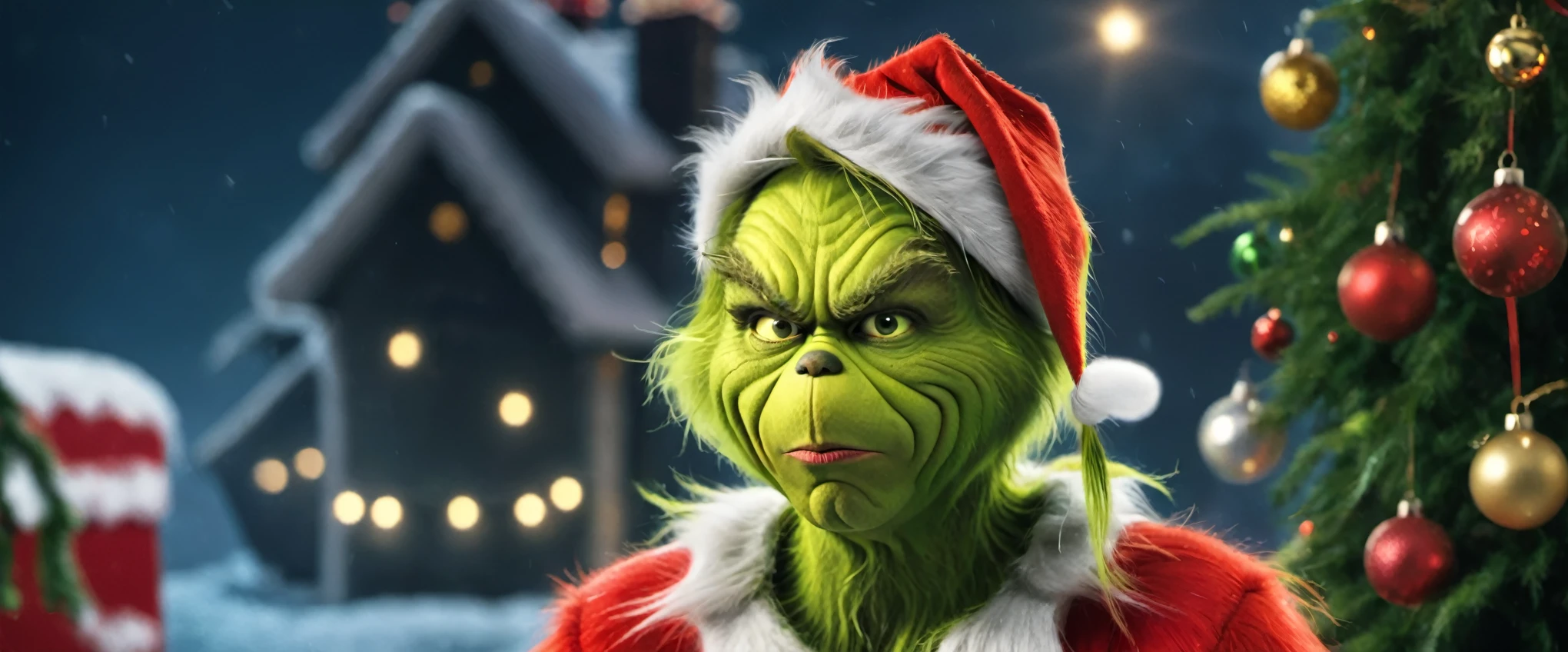 
It describes the Grinch in a comical but dark situation, where he is seen trying to ruin Christmas in an extravagant and absurd way. You can highlight his moody attitude and disheveled appearance, but also his ingenuity in executing his diabolical plans. Be sure to use vivid and humorous language, emphasizing their ridiculous but effective attempts to steal Christmas cheer, soft lighting, masterpiece, best quality, photorealistic, 8k, high resolution, detailed realistic skin, 8k uhd, dslr, soft lighting, high quality, film grain, Fujifilm XT3