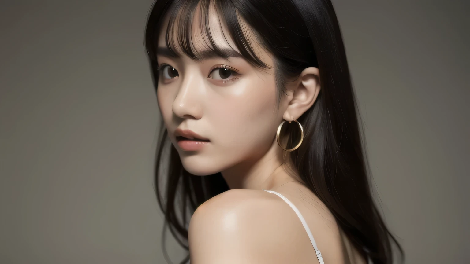 masterpiece, best quality, alone, 1 girl, glowing skin, hoop earrings, charming, Whimsical details, smooth hair, enchanting, bare shoulders, crop top, Pants, Shallow depth of field, Compared, professional model, front, full body portrait