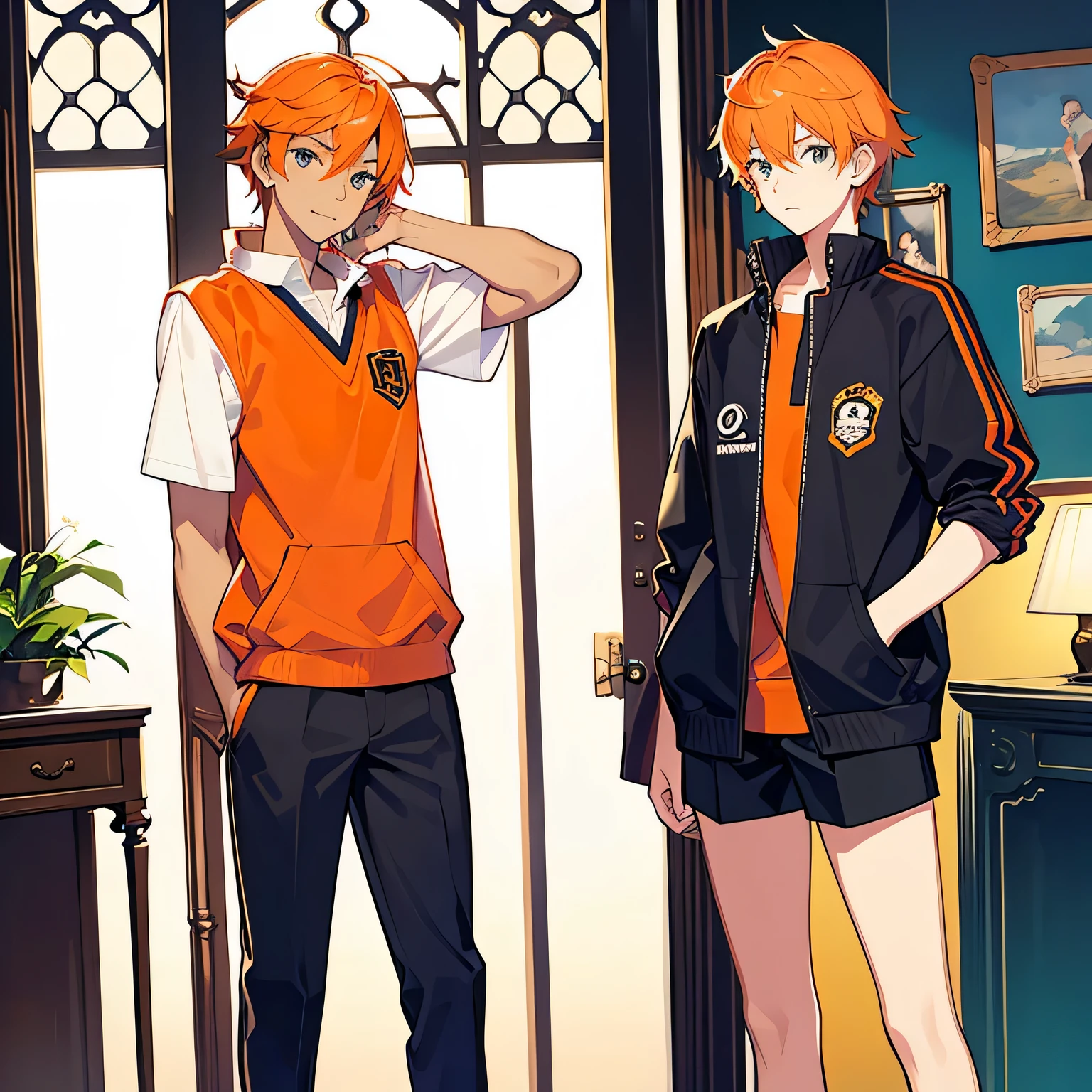 -yeld boith short orange hair, Strong, dark skin, preppy style,