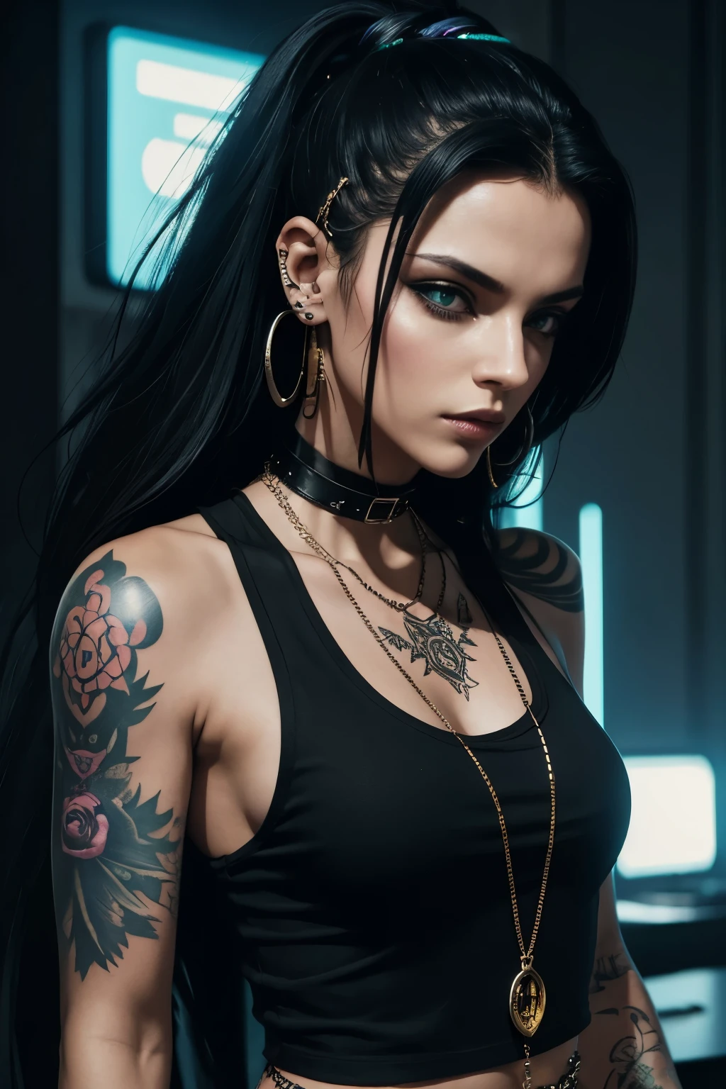 Cyberpunk style, neon colors in sceneary, araffe tattooed woman with a black top and a chain around her neck, She is wearing a black silky tank top, sieht aus wie Fabiula Natal, malika favre, wears an elaborate black collar, She wears streetwear, Piercings Kragen, tattooed, style of flavie audi, Nackentattoos, wears a black collar, wears a gold detailed choker, low angle, looking at viewer
