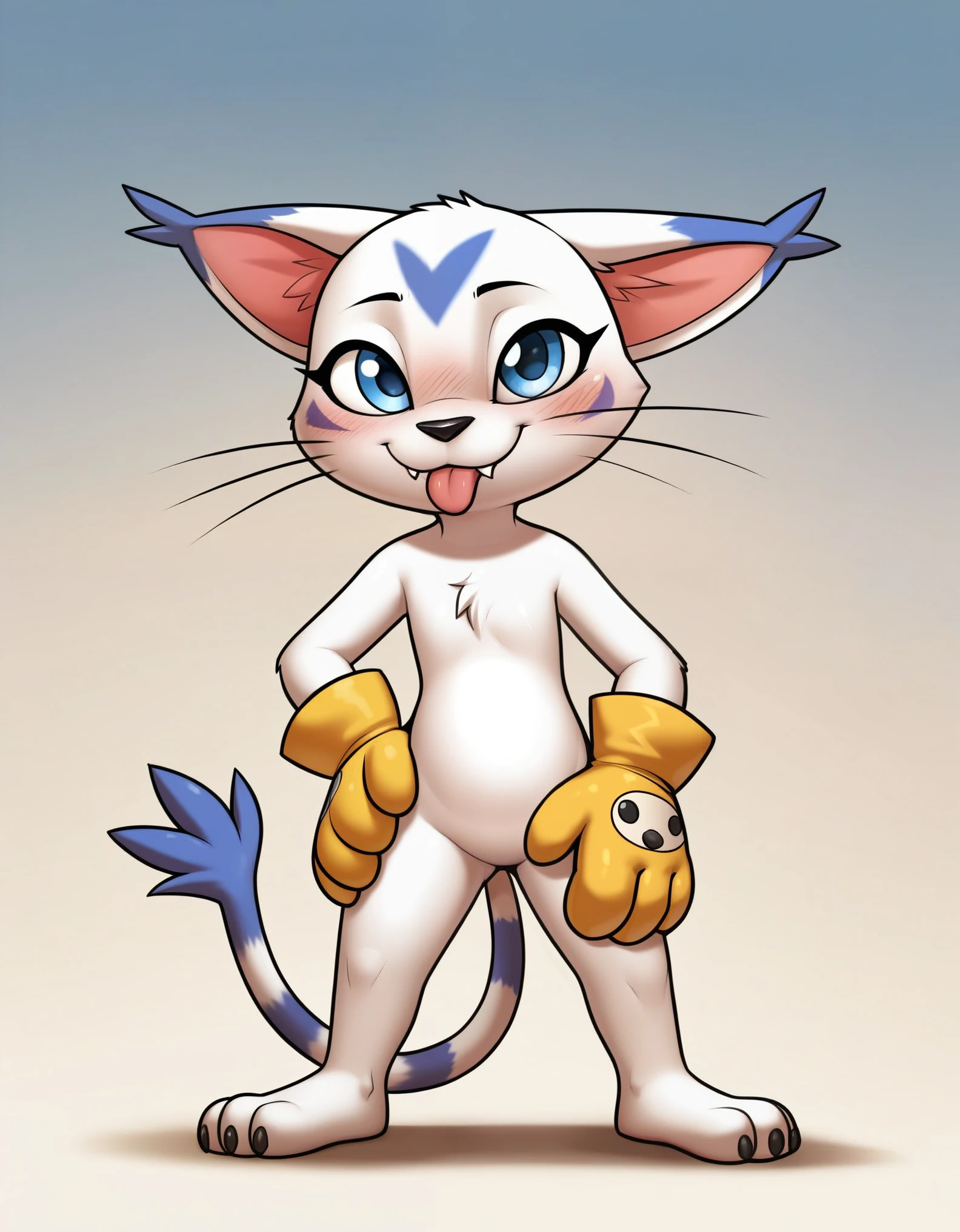 score_9, score_8_up, score_7_up, score_6_up, cheesoart, bandai_namco, digimon, digimon_(species), felid, feline, gatomon, mammal, 2024, absurd_res, full-length_portrait, hi_res, portrait, ambiguous_anthro, ambiguous_gender, black_nose, blue_eyes, blush, clothing, cute_fangs, dipstick_ears, ear_tuft, eyelid_pull, eyelid_pull_taunt, featureless_crotch, front_view, glistening, glistening_eyes, gloves, gloves_only, hand_on_hip, handwear, handwear_only, leaning, leaning_forward, looking_at_viewer, looking_up, markings, mostly_nude, multicolored_ears, paw_gloves, plantigrade, raised_tail, simple_background, solo, standing, striped_markings, striped_tail, stripes, tail, tail_markings, tail_tuft, tongue, tongue_out, tuft, whiskers, yellow_background