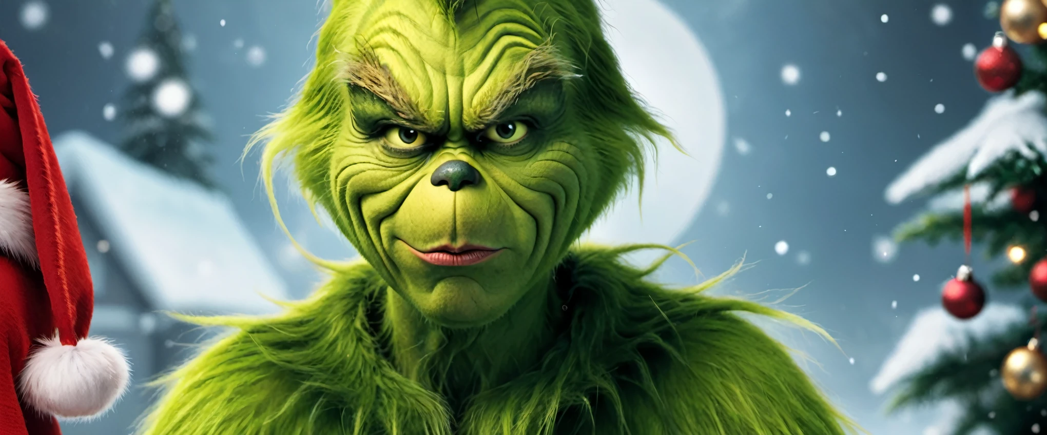 It describes the Grinch in a comical but dark situation, where he is seen trying to ruin Christmas in an extravagant and absurd way. You can highlight his moody attitude and disheveled appearance, but also his ingenuity in executing his diabolical plans. Be sure to use vivid and humorous language, emphasizing their ridiculous but effective attempts to steal Christmas cheer, soft lighting, masterpiece, best quality, photorealistic, 8k, high resolution, detailed realistic skin, 8k uhd, dslr, soft lighting, high quality, film grain, Fujifilm XT3