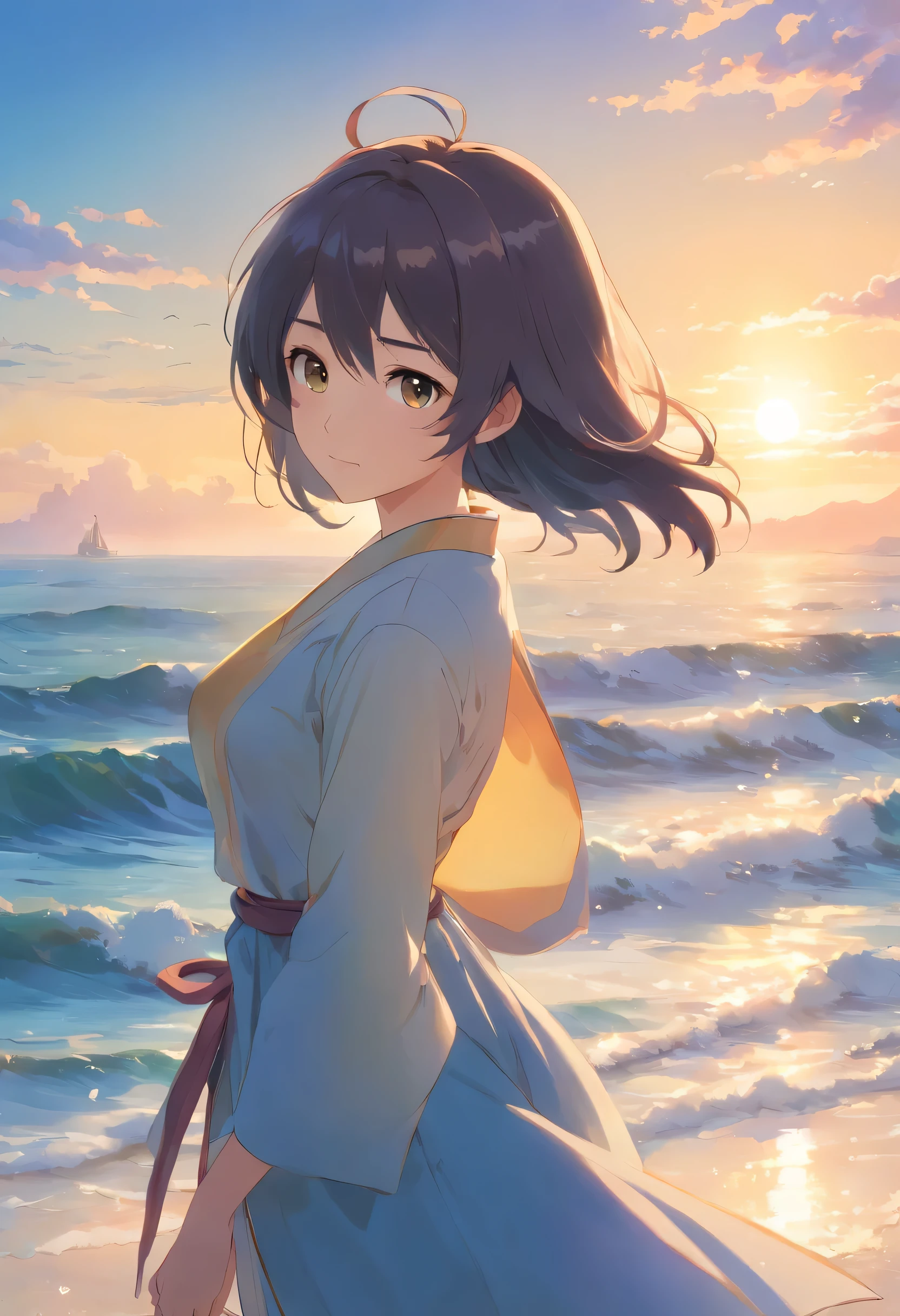 Unbeatable masterpiece, surreal 8k, perfect artwork, Super detailed, highest quality, masterpiece 4K wallpaper aesthetics, masterpiece, Award-winning work, official art, cinematic lighting. (great work: 1.3), (highest quality: 1.1) (masterpiece: 1.3) This is a masterpiece of female portraiture and is considered a masterpiece. The woman in the photo is attractive, Sexy and seductive. her face is delicate, She is richly dressed, Her white gold trim shines, her hair is carefully styled, As if it were a perfect work of art. The background is the sea bathed in the sun, Waves hit the reef, As if dissolving into female sensuality, Present dynamic and attractive visual effects. _v47:1>。
