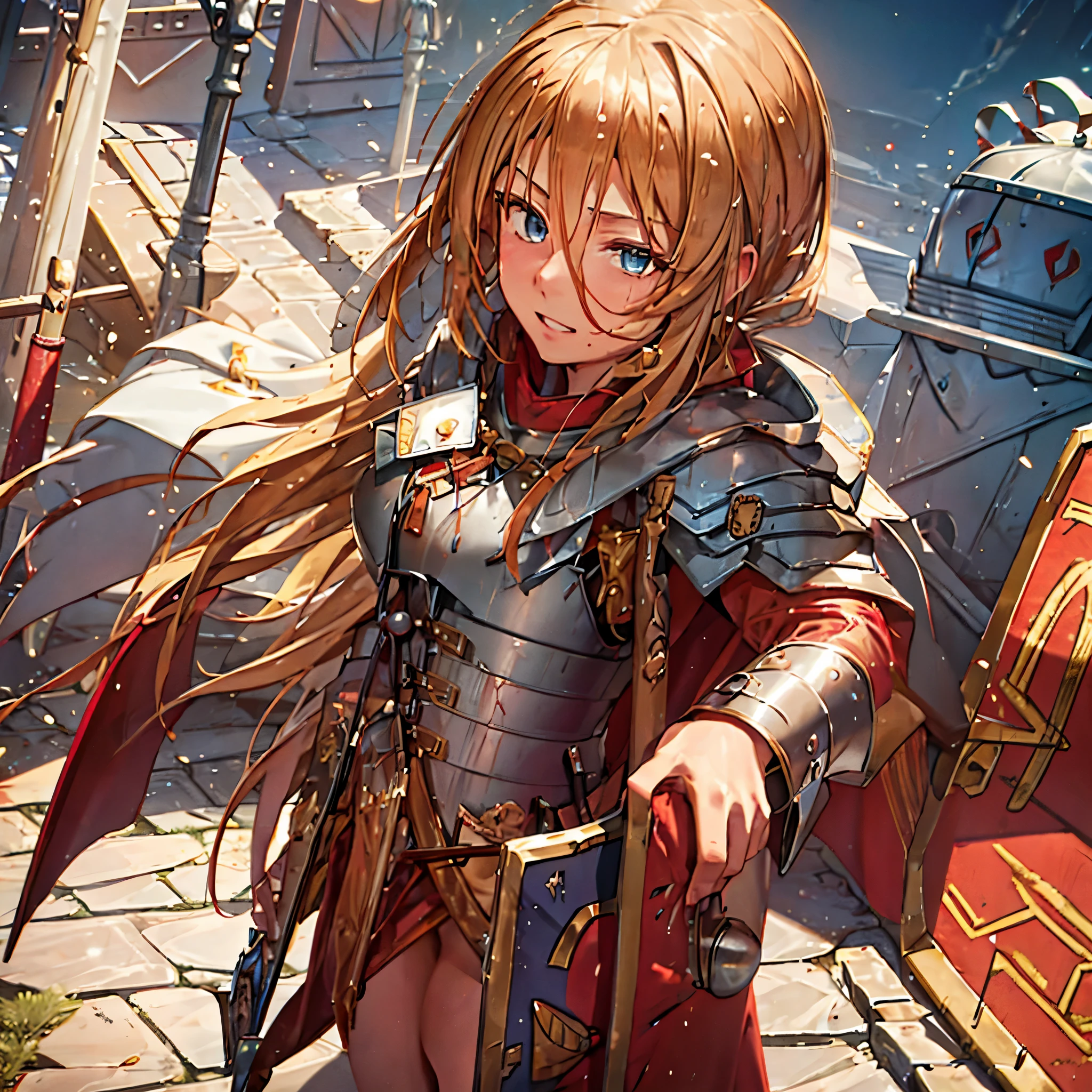 A woman with long blond hair, with blue eyes, wearing armor, wearing a centurion's helm, with a red cape, outside a Roman colisseum
