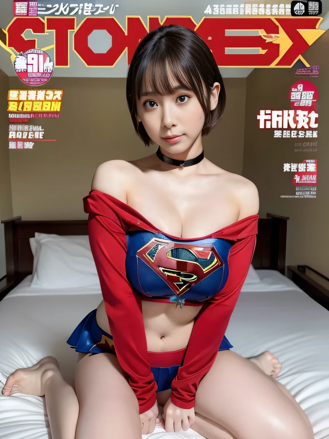 masterpiece、supergirl costume、short hair、barefoot、big and full breasts、Bedroom、straddle the bed、sexy pose、athlete、shiny、looking at camera、Seduce、choker、long sleeve、red mini skirt、Weekly magazine cover、Sculpture Magazines、