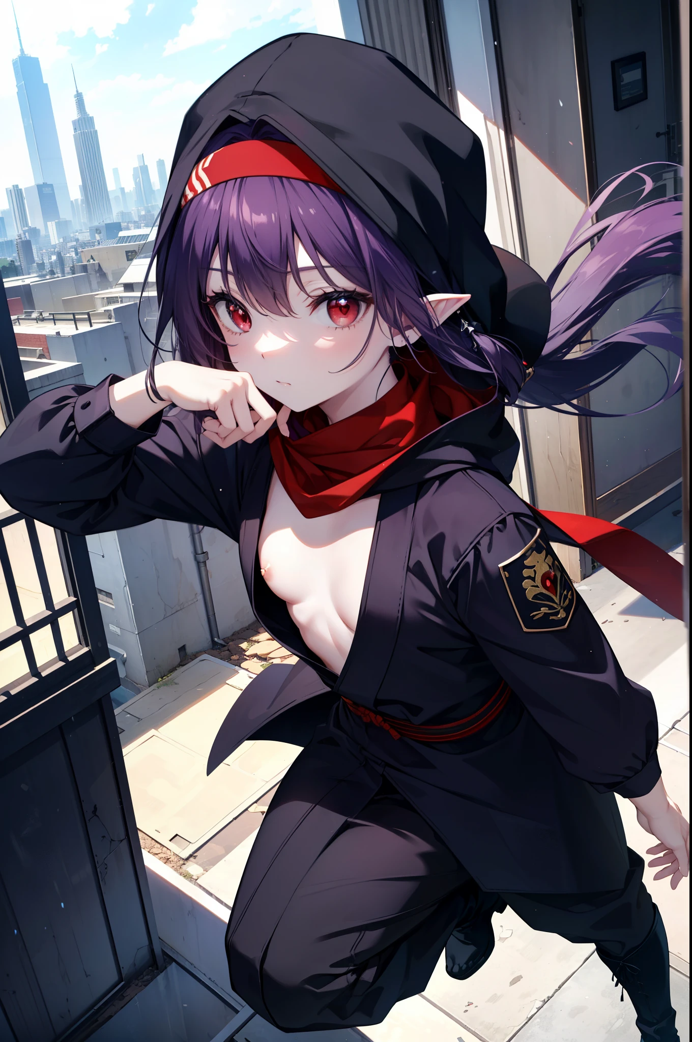 yuukikonno, Yuki Konno, hair band, long hair, pointy ears, purple hair, (red eyes:1.5), (small breasts:1.2),hood up,black scarf hides mouth,strict,black ninja uniform,ninja,black shinobi pants,boots,action pose,overlooking the city from the roof of a building,
break looking at viewer, Upper body, full body,
break outdoors ,Medieval European-style building,
break (masterpiece:1.2), highest quality, High resolution, unity 8k wallpaper, (shape:0.8), (fine and beautiful eyes:1.6), highly detailed face, perfect lighting, Very detailed CG, (perfect hands, perfect anatomy),