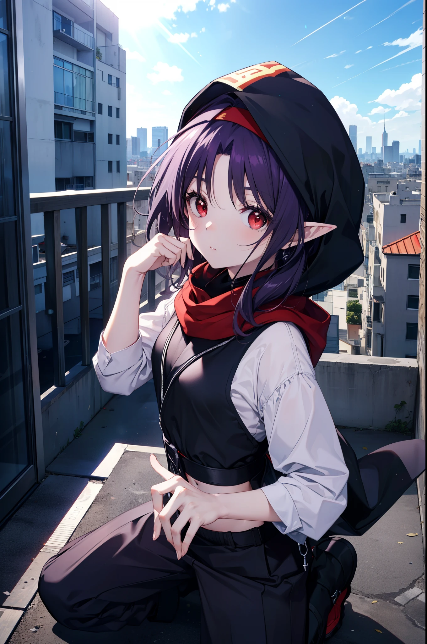 yuukikonno, Yuki Konno, hair band, long hair, pointy ears, purple hair, (red eyes:1.5), (small breasts:1.2),hood up,black scarf hides mouth,strict,black ninja uniform,ninja,black shinobi pants,boots,action pose,overlooking the city from the roof of a building,
break looking at viewer, Upper body, full body,
break outdoors ,Medieval European-style building,
break (masterpiece:1.2), highest quality, High resolution, unity 8k wallpaper, (shape:0.8), (fine and beautiful eyes:1.6), highly detailed face, perfect lighting, Very detailed CG, (perfect hands, perfect anatomy),