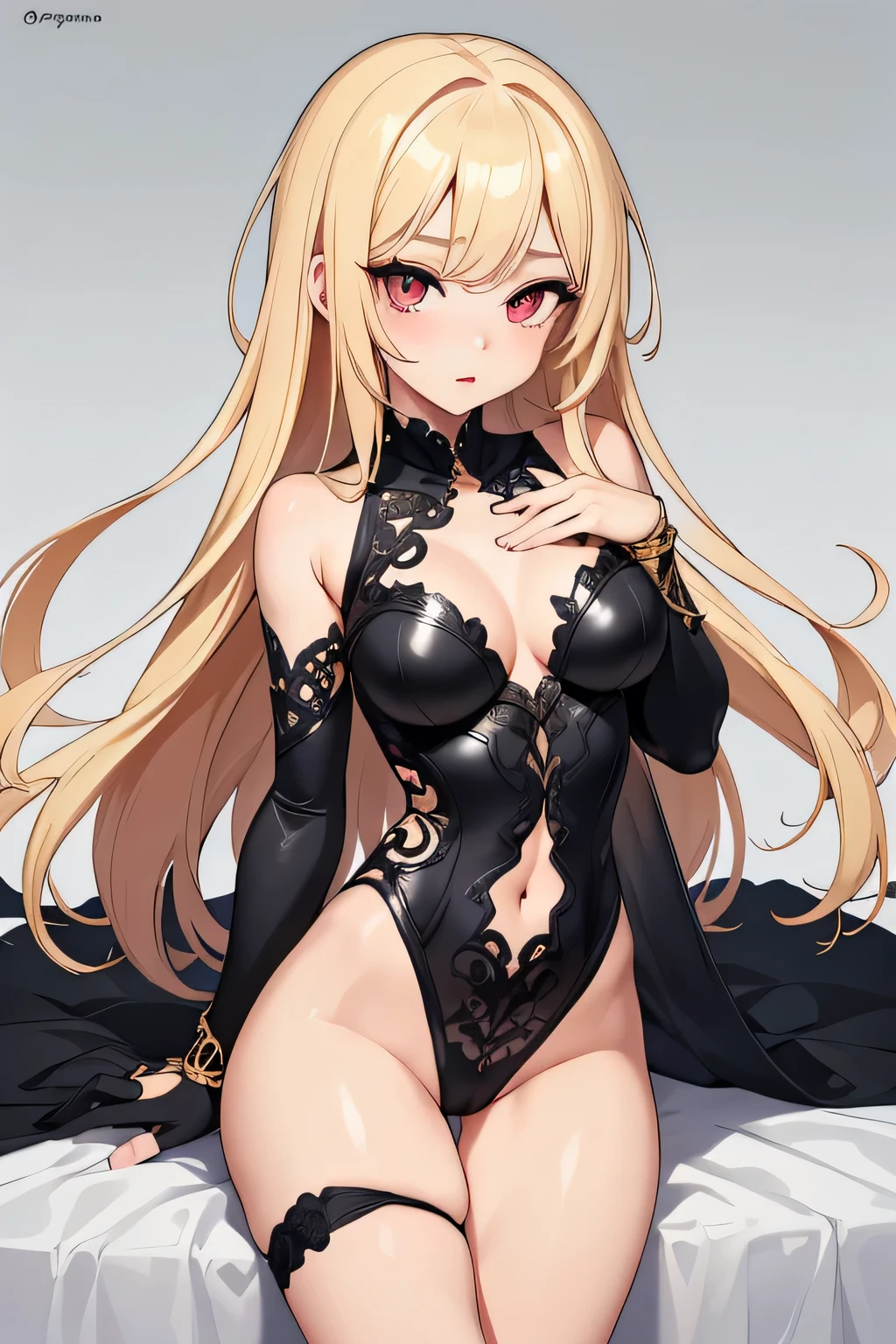 1girl, anime, cute girl, blank background, white background, fantasy, detailed fantasy dress with highlights, beautiful face, beautiful eyes, dark colors, black hair with multicolor streaks, red eye with different color pupil in eye, multicolor eye, medium small breasts (slightly big), slight cleavage, beautiful skin, cute, breast curtains, extremely delicate and beautiful, (beautiful detailed face:1.0), (detailed deep eyes), symmetrical breasts, deep eyes, shiny skin, portrait, slender waist, hips wider than shoulders, thighs, expressionless, young girl, luminous eyes, adorable，（Kpop idol）,（aegyo sal：1），（Platinum blonde hair：1），（（puffy eye）），Black panty，sexy posture，Superskirt, ultra high resolution，Black collar，slim figure, Abdominal y tattoo, womb tattoo，Tight-fitting leg ring，y tattoo on half-body，Bare skin, Armored hand，Hidden fingertips，Hand covered，Arm covered，Fist covered,{{beautiful detailed fingers}}, tufts of hair, moderate beautiful breast:1.0,(masterpiece:1.2), best quality, high-res, HDR, perfect face, intricate armor, delicate blue filigree, intricate filigree, red metalic parts, detailed part, dynamic pose, dynamic lights,