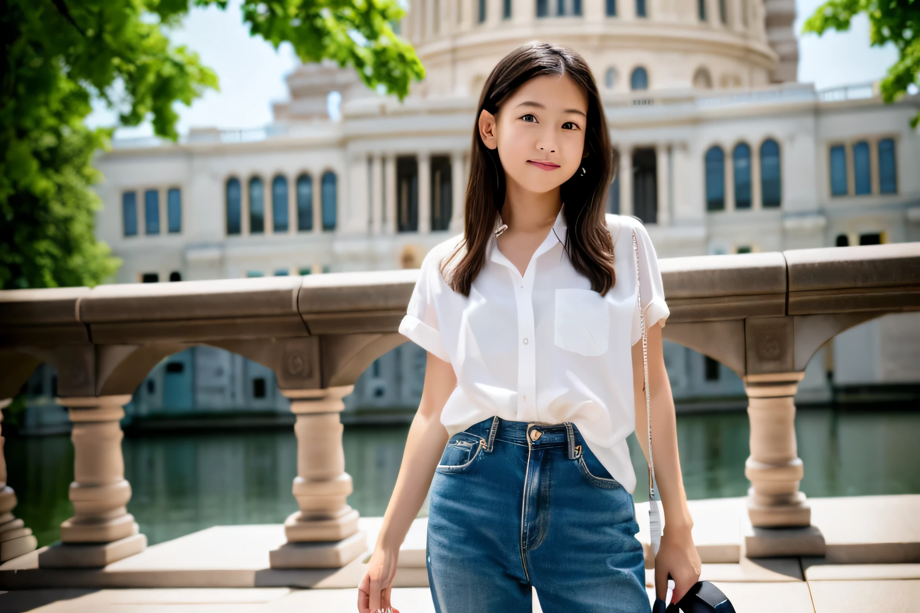 9 years old, full_body, standing, sandals, (shirt), pants, (us capitol), (fgella: 1.2), perfect face, (contact iris: 1.1), pale skin, skin pores , depth of field, girl, in Montreal, 