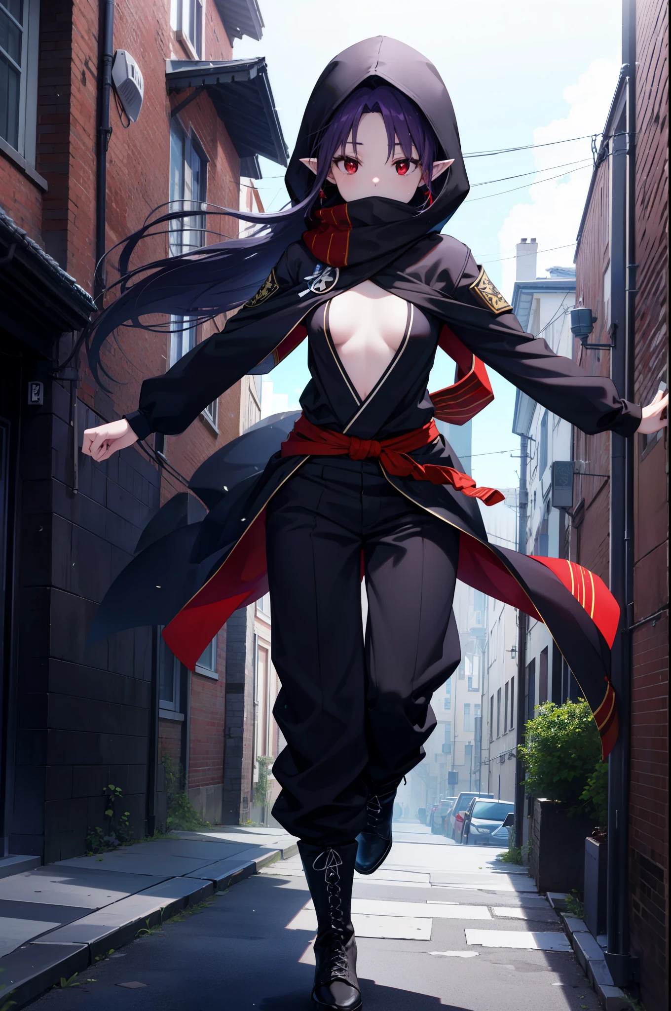 yuukikonno, Yuki Konno, hair band, long hair, pointy ears, purple hair, (red eyes:1.5), (small breasts:1.2),hood up,cover your mouth with a black scarf,strict,black ninja uniform,ninja,black shinobi pants,boots,action pose,overlooking the city from the roof of a building,
break looking at viewer, Upper body, full body,
break outdoors ,Medieval European-style building,
break (masterpiece:1.2), highest quality, High resolution, unity 8k wallpaper, (shape:0.8), (fine and beautiful eyes:1.6), highly detailed face, perfect lighting, Very detailed CG, (perfect hands, perfect anatomy),