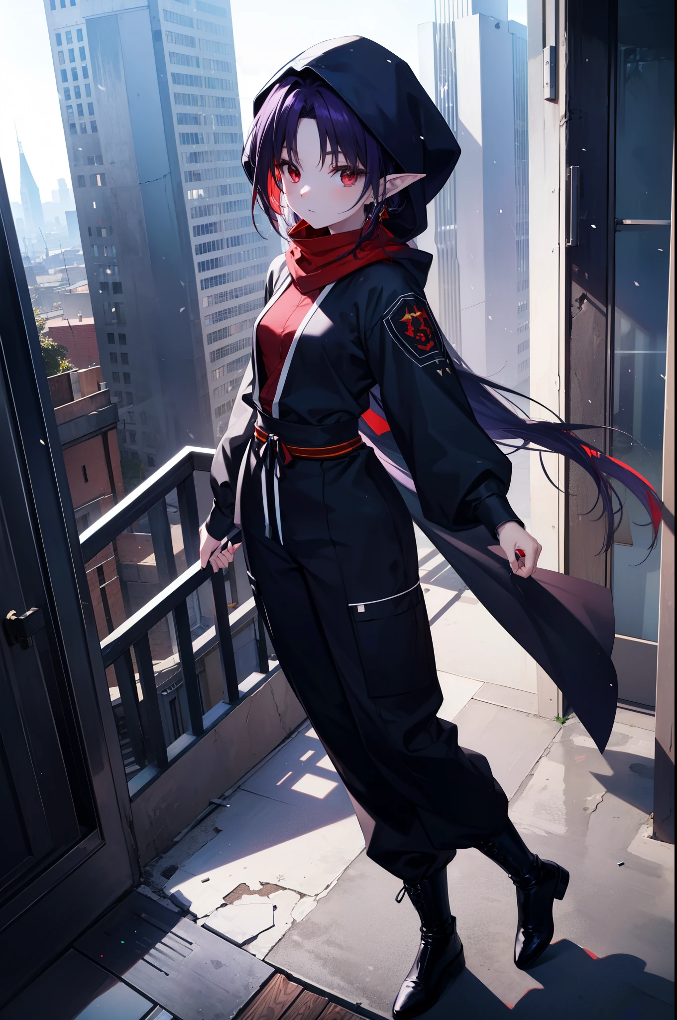 yuukikonno, Yuki Konno, hair band, long hair, pointy ears, purple hair, (red eyes:1.5), (small breasts:1.2),hood up,cover your mouth with a black scarf,strict,black ninja uniform,ninja,black shinobi pants,boots,action pose,overlooking the city from the roof of a building,
break looking at viewer, Upper body, full body,
break outdoors ,Medieval European-style building,
break (masterpiece:1.2), highest quality, High resolution, unity 8k wallpaper, (shape:0.8), (fine and beautiful eyes:1.6), highly detailed face, perfect lighting, Very detailed CG, (perfect hands, perfect anatomy),