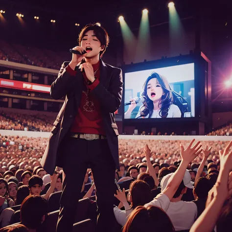 a man singing a song in a concert, female fans are cheering and throwing their inner wears on the singer as sense of love