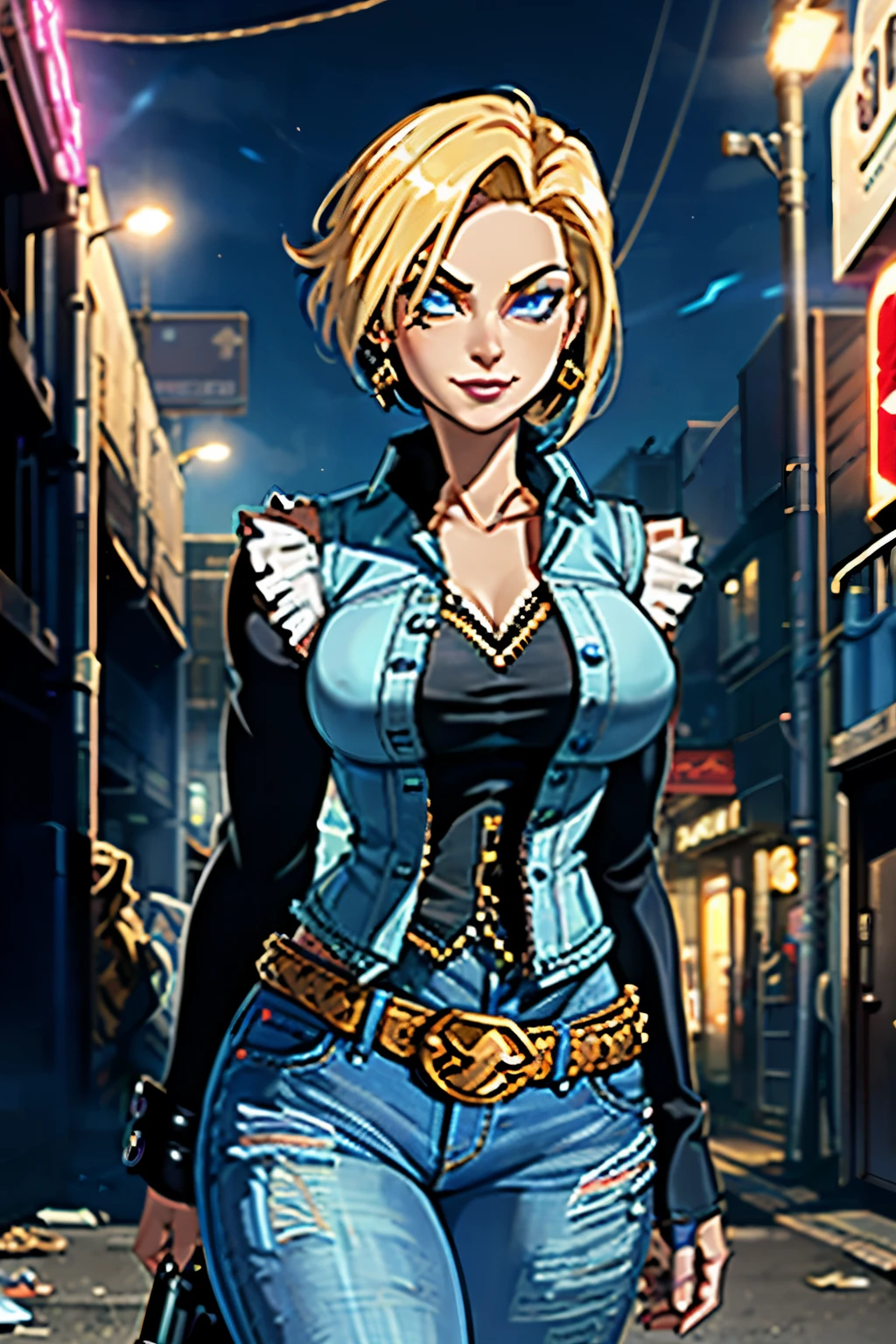 1girl, (solo:1.2), (standing:1.3), (interacting:1.3), (cowboy shot:1.5), smile, happy, at ease, (masterpiece:1.3), (best quality:1.3), (perfect anatomy:1.4), highly detailed, android18, earrings, denim, belt, blonde hair, blue eyes, short hair, jewelry, (denim vest:1.2), open vest, black pantyhose, black shirt, denim skirt, (white striped long sleeves), blue skirt, large breasts, (night:1.5), (dark alleyway inside a large city:1.2), (chainlink fence:1.2), (trash lying around:1.2), concrete, sparse lighting, (dystopian), nyantcha, expressive faces, anime-inspired, (cell shading:1.2), bigs tits, Big nipples