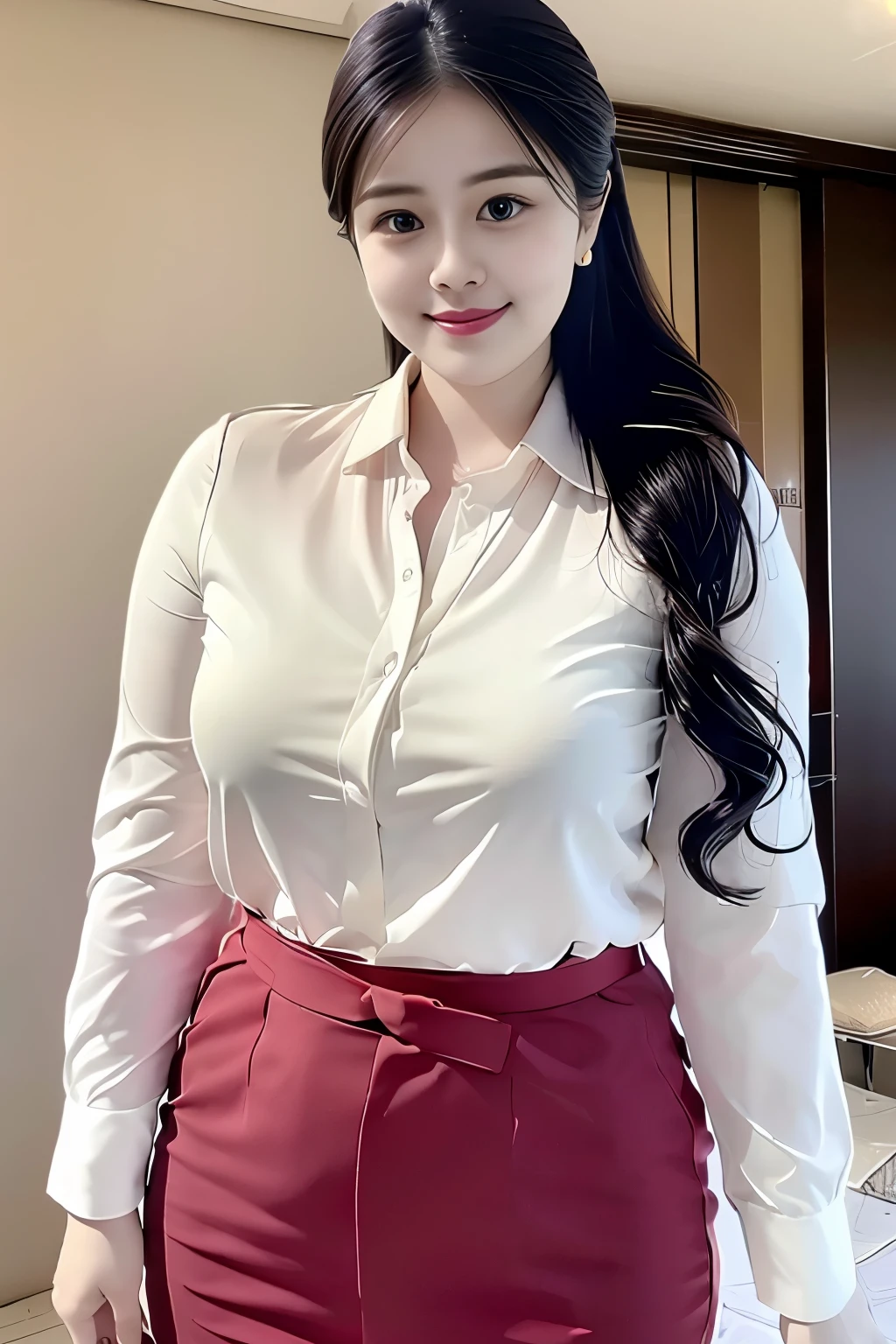 (top quality、8k、masterpiece:1.3))、30-year-old Korean woman，sharp focus, High level of image quality, high resolution，facial focus，Portrait ID photo，Upper body photo。Draw lips correctly, red lipstick，wear white shirt，red bow tie，Green suit。wavy long hair，hair tied up，ponytail，Mature，charming smile，Pink warm color background，solid color background