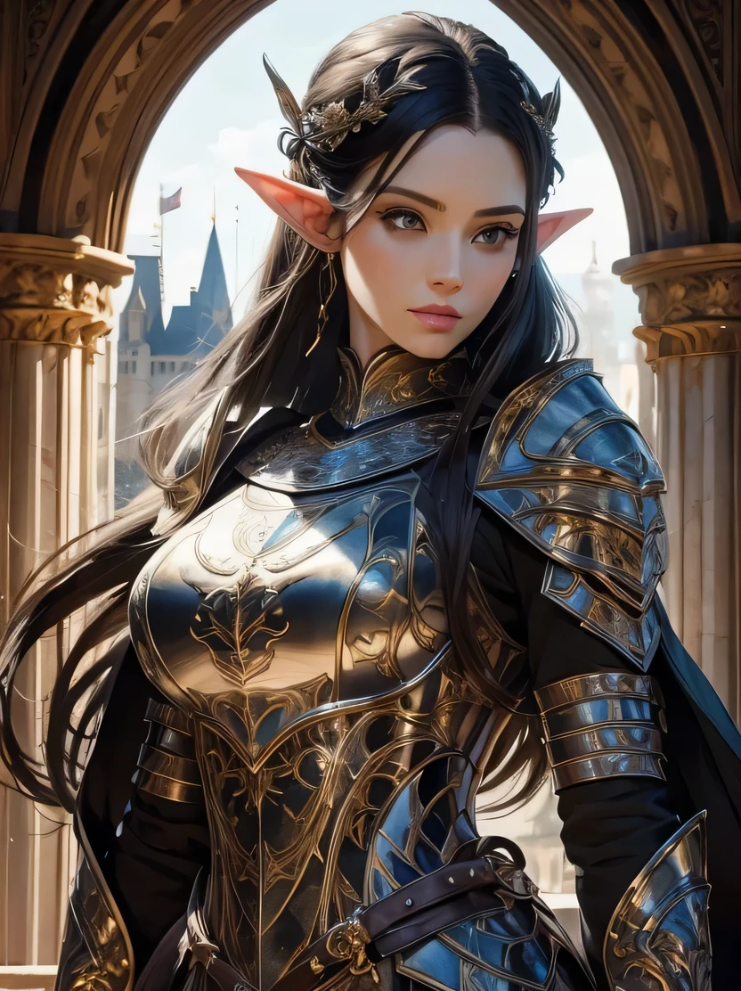((masterpiece、highest quality、Super detailed、High resolution、sharp focus、cinematic lighting))、((1 female、bust shot))、Portrait of a beautiful female elf 、40 years old、elaborately patterned cloth cloak、Textured black leather armor and leggings、Chalkboard armor with delicate carvings、black leather gloves、tall、well-proportioned body shape、、((black hair ponytail))、blue eyes、highly detailed face、Fine ears、view audience、Detailed depiction of hands、Beautiful medieval cityscape and castle in the background、Detailed background depiction、oil