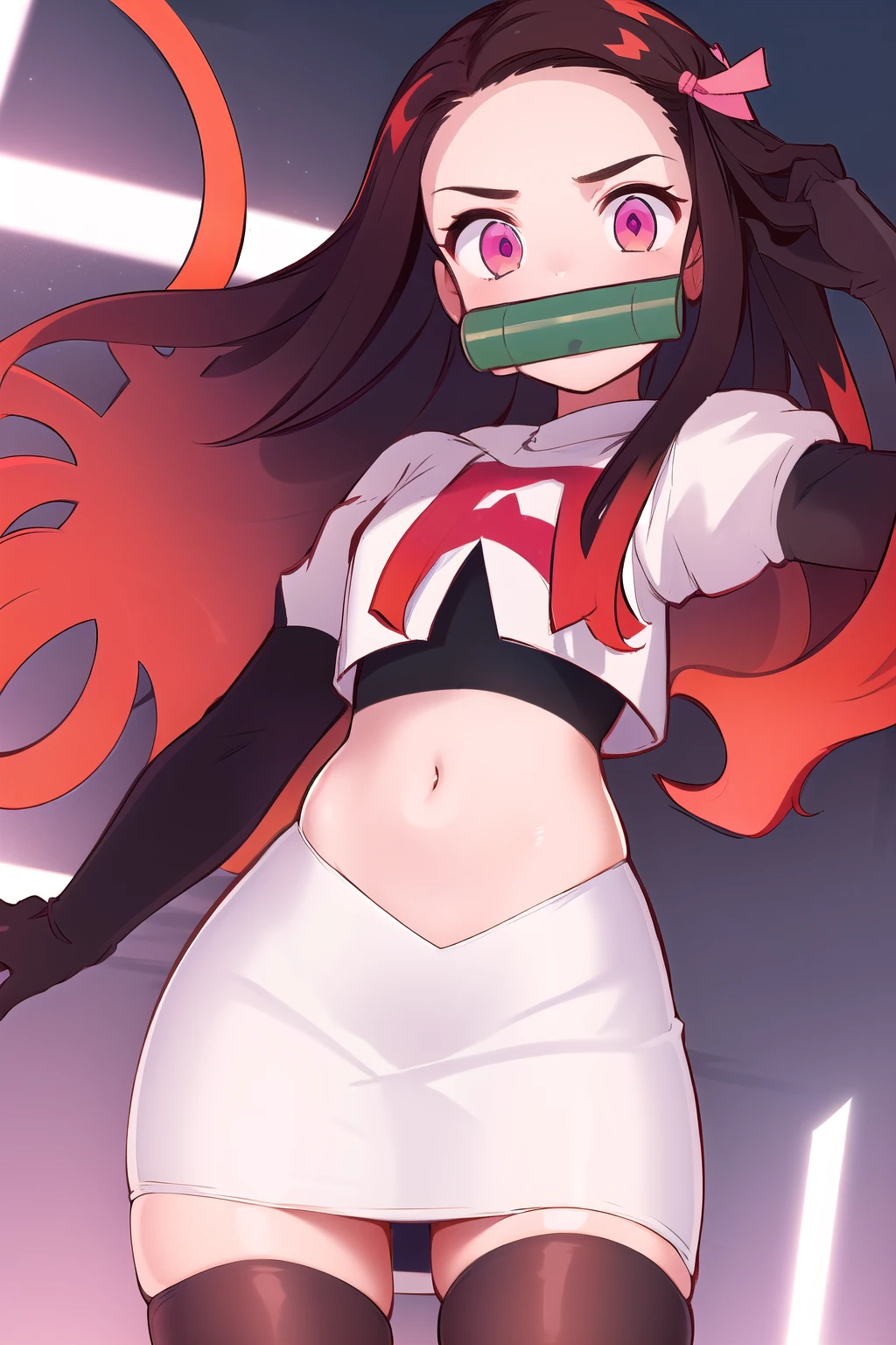 kamado nezuko, 1girl, bamboo, bit gag, brown hair, gag, gagged, gradient hair, hair ribbon, long hair, looking at viewer, multicolored hair, orange hair, pink eyes, pink ribbon, ribbon, solo, ((masterpiece)) , team rocket,team rocket uniform, red letter R, white skirt,white crop top,black thigh-highs,black elbow gloves