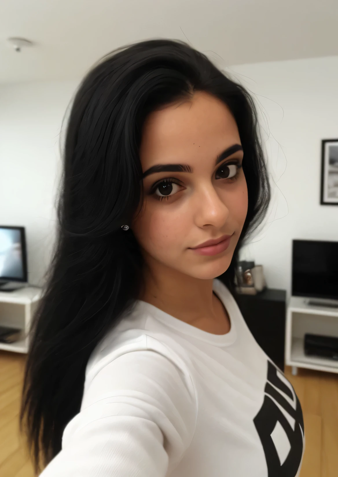 uma selfie de uma jovem bonita, taken with a Motorola camera black hair Brazilian style in the background white walls and blurred TV