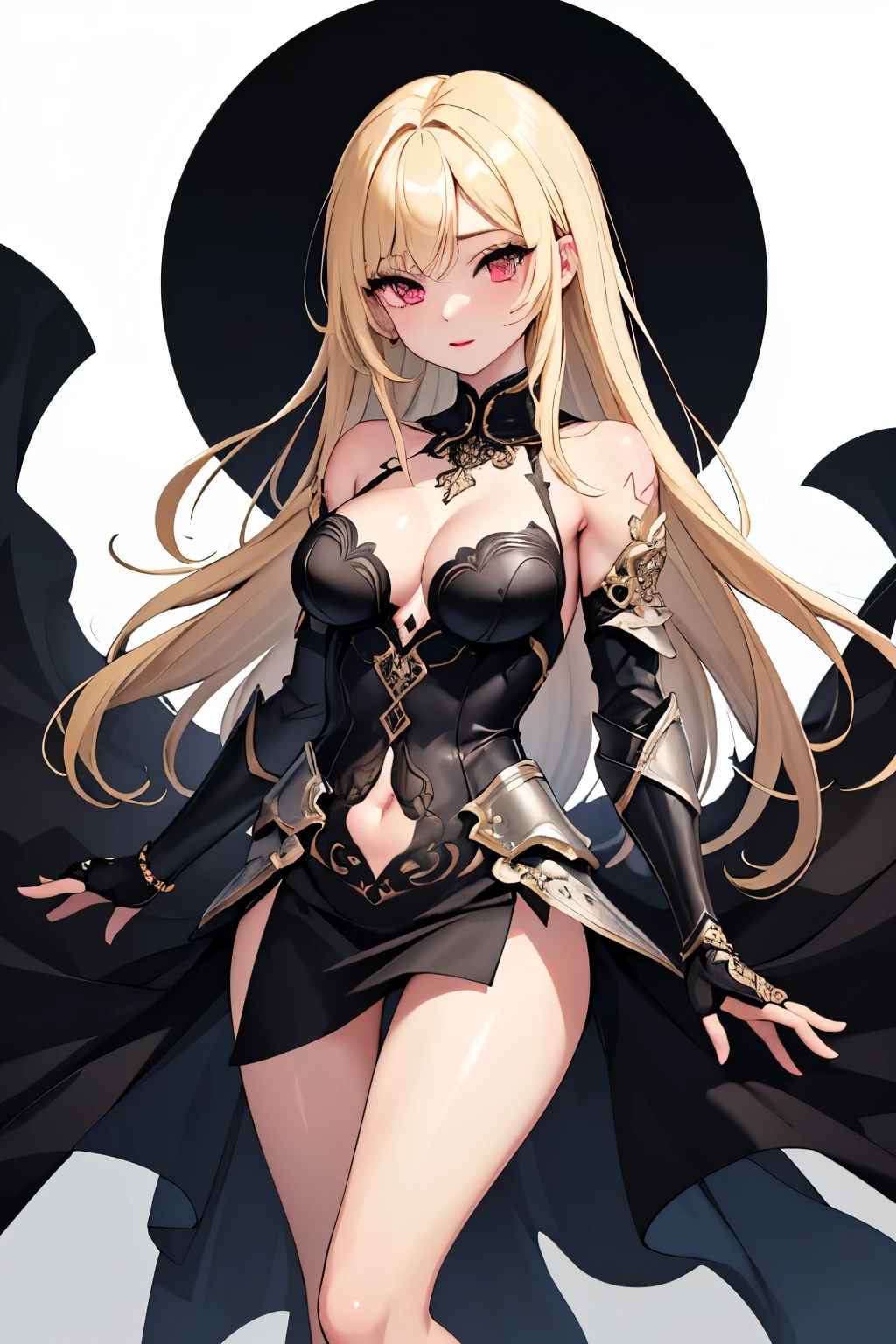 1girl, anime, cute girl, blank background, white background, fantasy, detailed fantasy dress with highlights, beautiful face, beautiful eyes, dark colors, black hair with multicolor streaks, red eye with different color pupil in eye, multicolor eye, medium small breasts (slightly big), slight cleavage, beautiful skin, cute, breast curtains, extremely delicate and beautiful, (beautiful detailed face:1.0), (detailed deep eyes), symmetrical breasts, deep eyes, shiny skin, portrait, slender waist, hips wider than shoulders, thighs, expressionless, young girl, luminous eyes, adorable,(Kpop idol),(aegyo sal:1),(Platinum blonde hair:1),((puffy eye)),Black panty,sexy posture,Superskirt, ultra high resolution,Black collar,slim figure, Abdominal y tattoo, womb tattoo,Tight-fitting leg ring,y tattoo on half-body,Bare skin, Armored hand,Hidden fingertips,Hand covered,Arm covered,Fist covered,{{beautiful detailed fingers}}, tufts of hair, moderate beautiful breast:1.0,(masterpiece:1.2), best quality, high-res, HDR, perfect face, intricate armor, delicate blue filigree, intricate filigree, red metalic parts, detailed part, dynamic pose, dynamic lights,