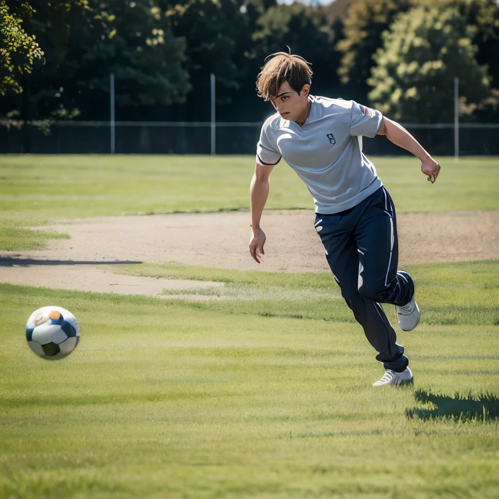 Start a scene at football pitch in Birmingham city. Leo moving forward with ball.