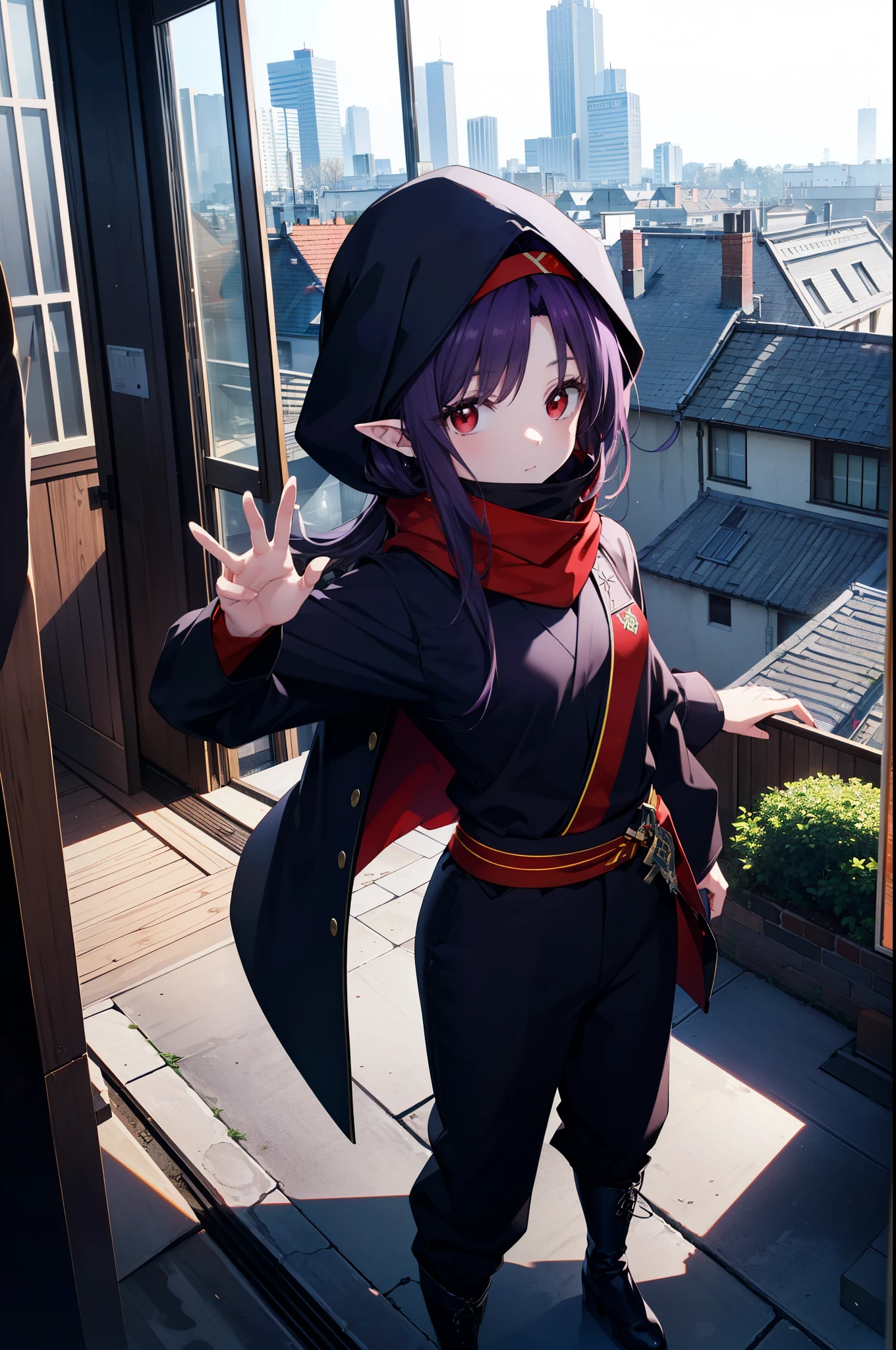 yuukikonno, Yuki Konno, hair band, long hair, pointy ears, purple hair, (red eyes:1.5), (small breasts:1.2),hood up,cover your mouth with a black scarf,strict,black ninja uniform,ninja,black shinobi pants,boots,action pose,overlooking the city from the roof of a building,
break looking at viewer, Upper body, full body,
break outdoors ,Medieval European-style building,
break (masterpiece:1.2), highest quality, High resolution, unity 8k wallpaper, (shape:0.8), (fine and beautiful eyes:1.6), highly detailed face, perfect lighting, Very detailed CG, (perfect hands, perfect anatomy),