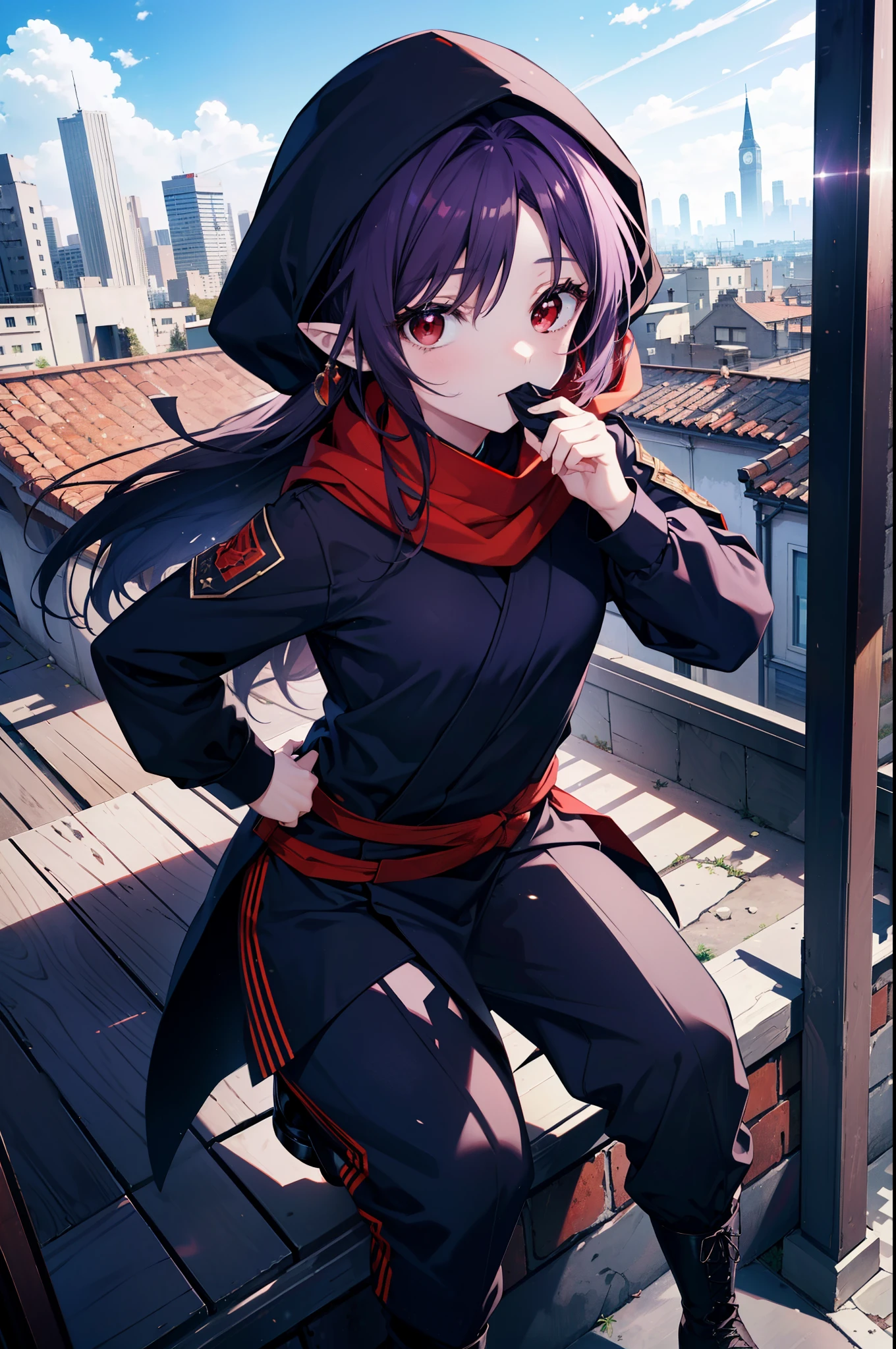 yuukikonno, Yuki Konno, hair band, long hair, pointy ears, purple hair, (red eyes:1.5), (small breasts:1.2),hood up,cover your mouth with a black scarf,strict,black ninja uniform,ninja,black shinobi pants,boots,action pose,overlooking the city from the roof of a building,
break looking at viewer, Upper body, full body,
break outdoors ,Medieval European-style building,
break (masterpiece:1.2), highest quality, High resolution, unity 8k wallpaper, (shape:0.8), (fine and beautiful eyes:1.6), highly detailed face, perfect lighting, Very detailed CG, (perfect hands, perfect anatomy),