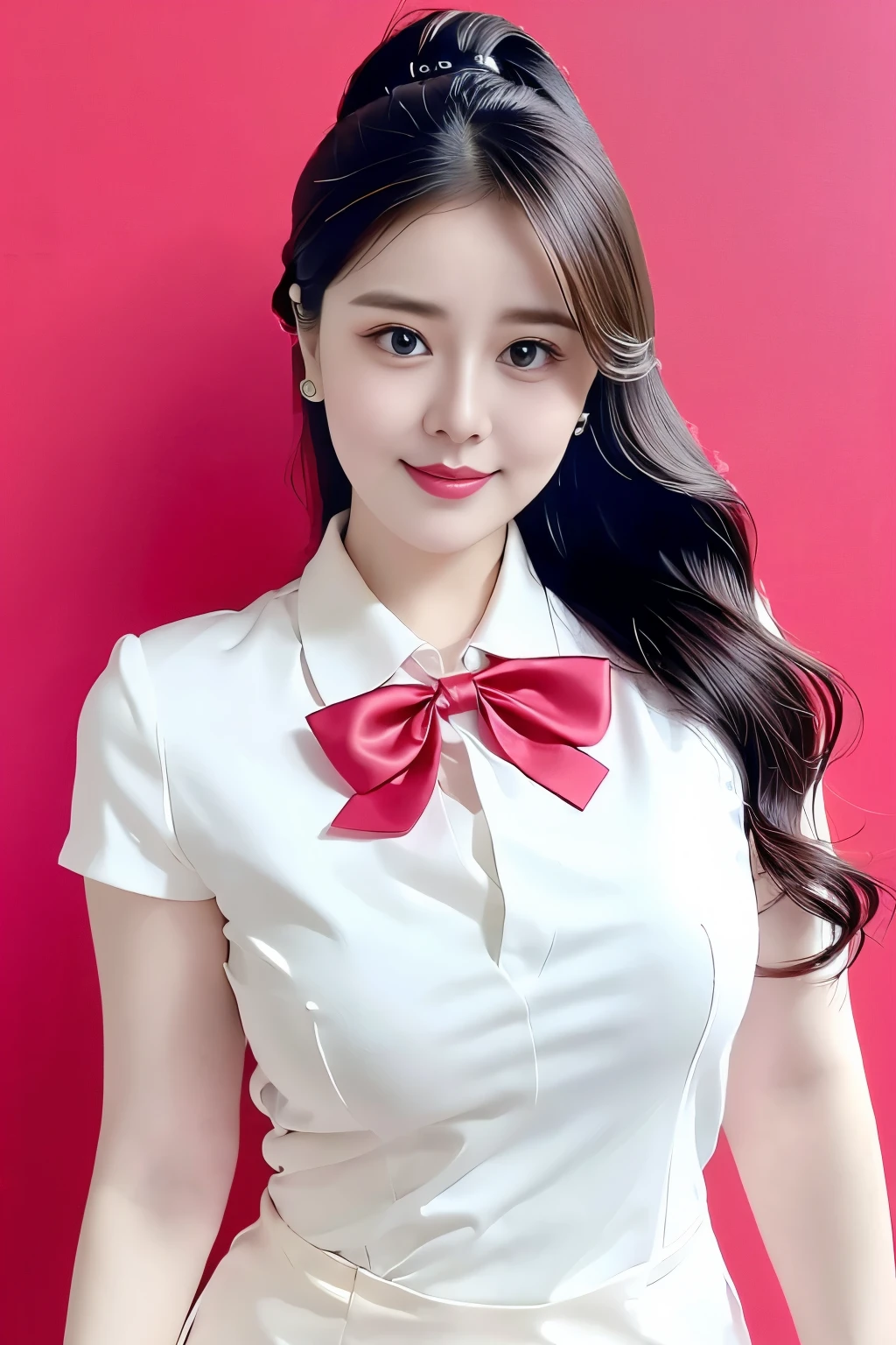 (top quality、8k、masterpiece:1.3))、30-year-old Korean woman，sharp focus, High level of image quality, high resolution，facial focus，Portrait ID photo，Upper body photo。Draw lips correctly, red lipstick，wear white shirt，red bow tie，Green suit。wavy long hair，hair tied up，ponytail，Mature，charming smile，Pink warm color background，solid color background