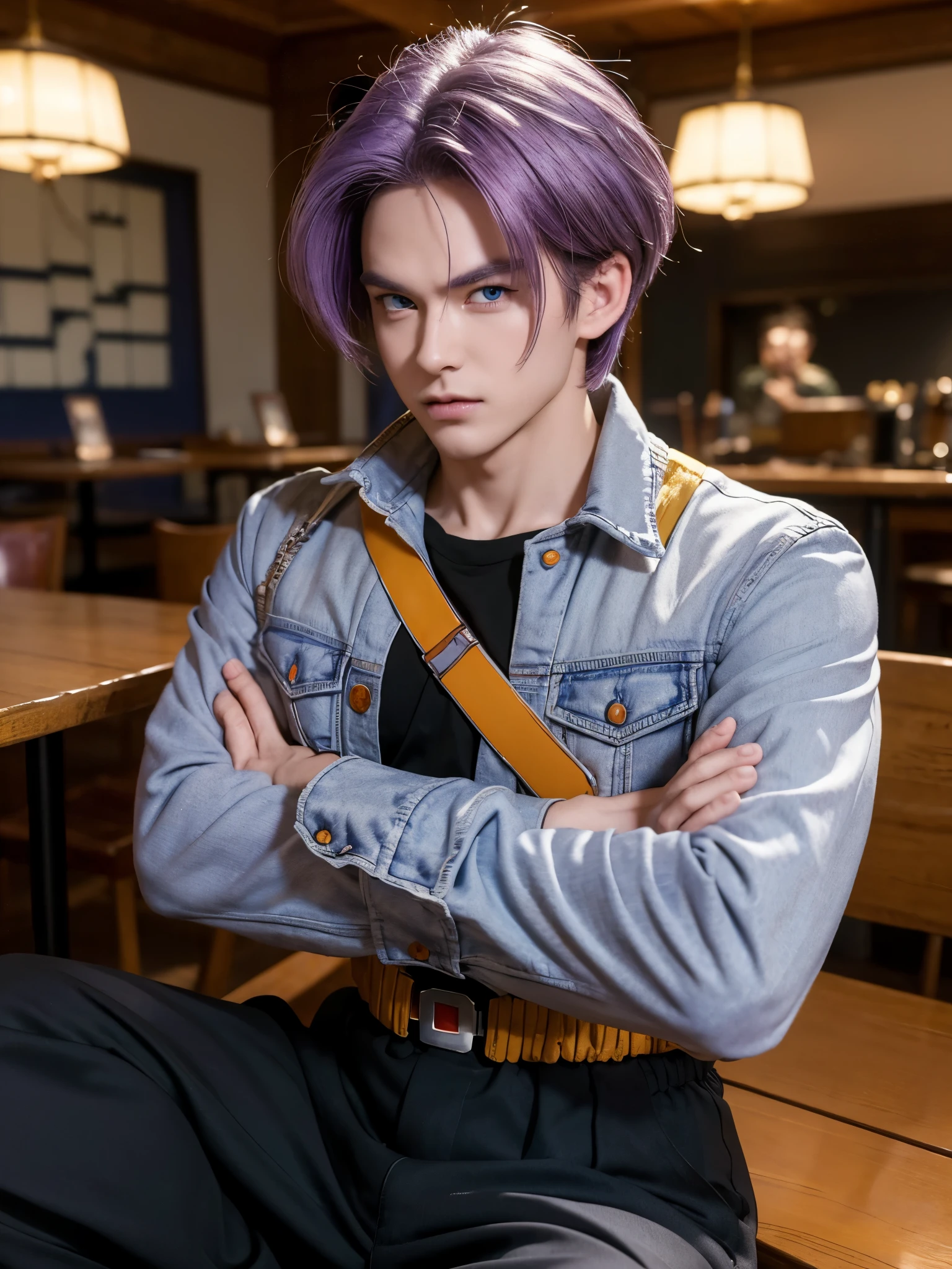 (masterpiece, best quality:1.2), cowboy shot, solo, male focus, 1boy, trunks (dragon ball), expressionless, closed mouth, sitting pose in a cafe, looking at viewer, crossed arms, purple hair, blue eyes, jacket, shirt, pants, sword, indoors 