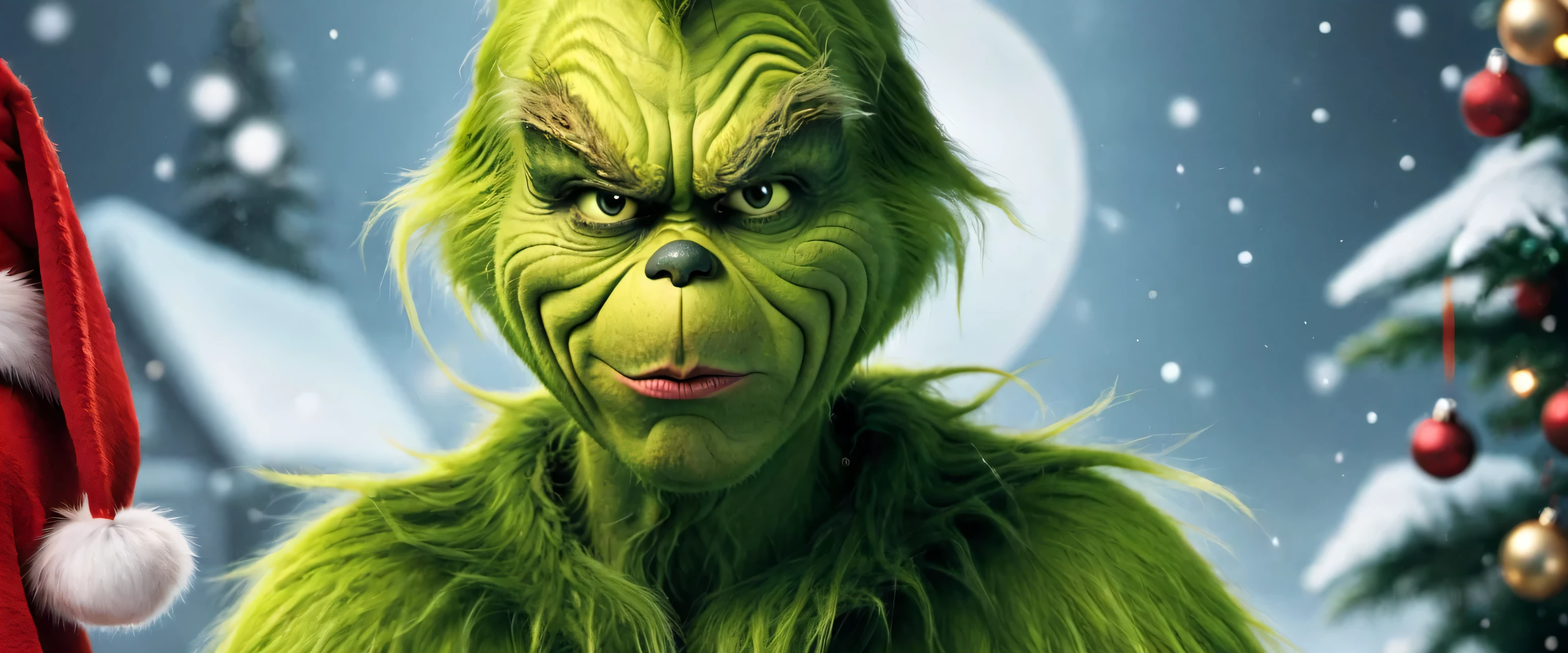 
Describes the Grinch in a comical but dark situation., donde se le ve intentando arruinar la Navidad de una forma extravagante y absurda. You can highlight his moody attitude and disheveled appearance., but also his ingenuity when executing his diabolical plans.. Be sure to use vivid and humorous language., emphasizing their ridiculous but effective attempts to steal Christmas cheer., soft lighting, obra maestra, Mejor calidad, Fotorrealista, 8K, high resolution, piel realista detallada, 8K uhd, DSLR, soft lighting, alta calidad, film grain, Fujifilm XT3