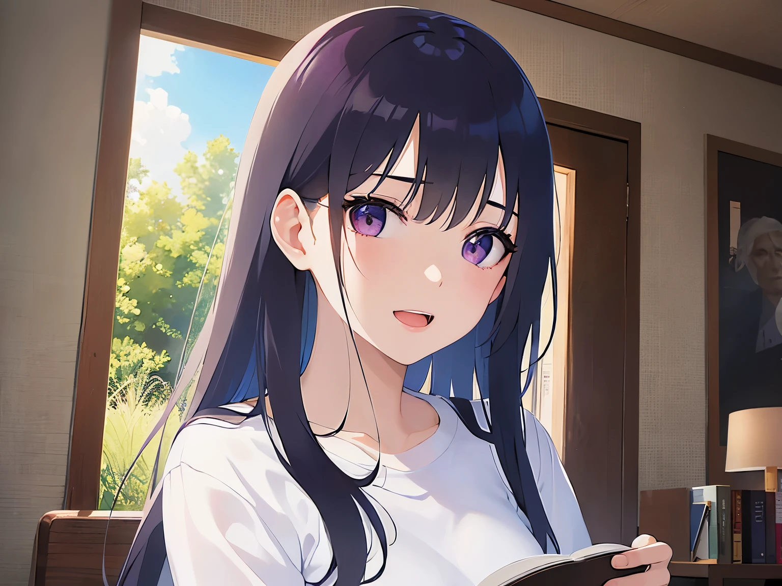 holding a book, Realistic, real person, (pale skin: 1.2), RAW photo, photorealistic, portrait photography, shiny skin, japanese idol、shiny hair、(25 year old woman with straight medium hair with bangs) and (black hair) and (purple eyes) , wearing a white T-shirt、 smile, open mouth, The background is the living room、Alone、Are standing