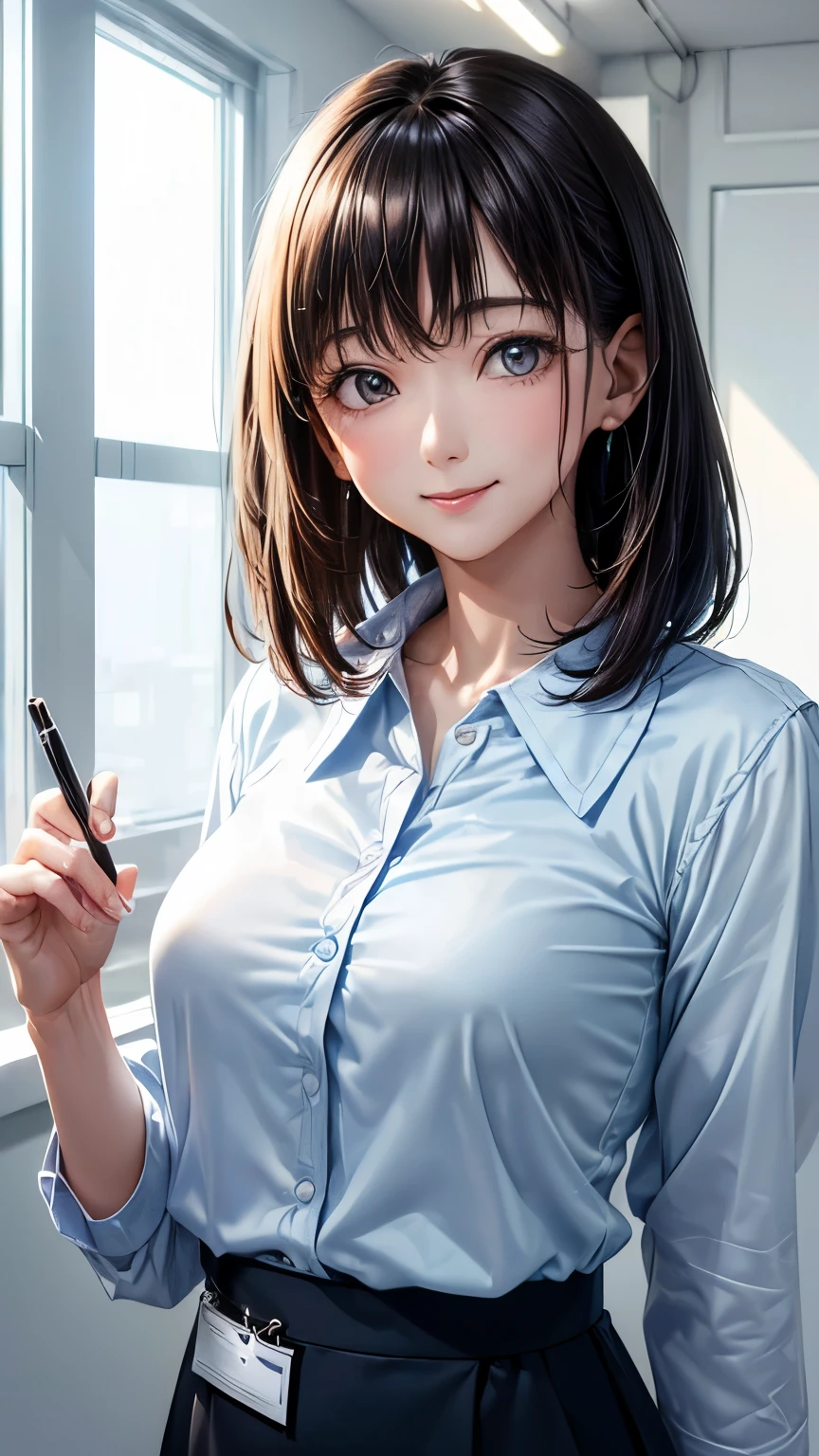 (((Pure white wall background)))、(((8K、Highest image quality)))、(((I&#39;m a secretary)))、(((I have a notebook)))、(((I have medium hair)))、I&#39;m smiling、(((Wearing a light blue blouse)))、I have black hair、Are standing、Small breasts