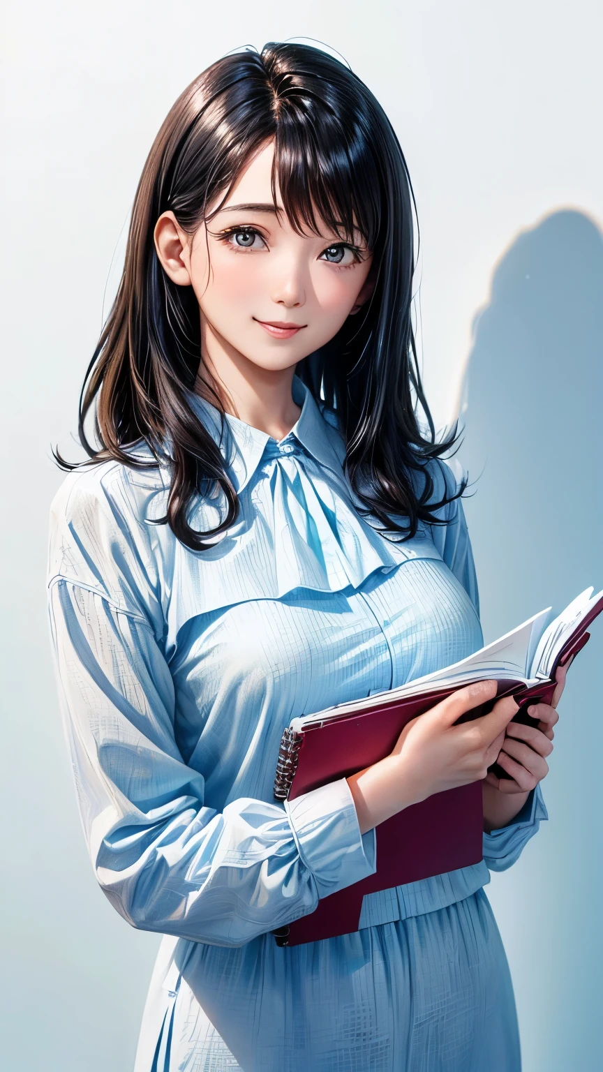 (((Pure white wall background)))、(((8K、Highest image quality)))、(((I'm a secretary)))、(((I have a notebook)))、(((I have medium hair)))、I'm smiling、(((Wearing a light blue blouse)))、I have black hair、Are standing、Small breasts