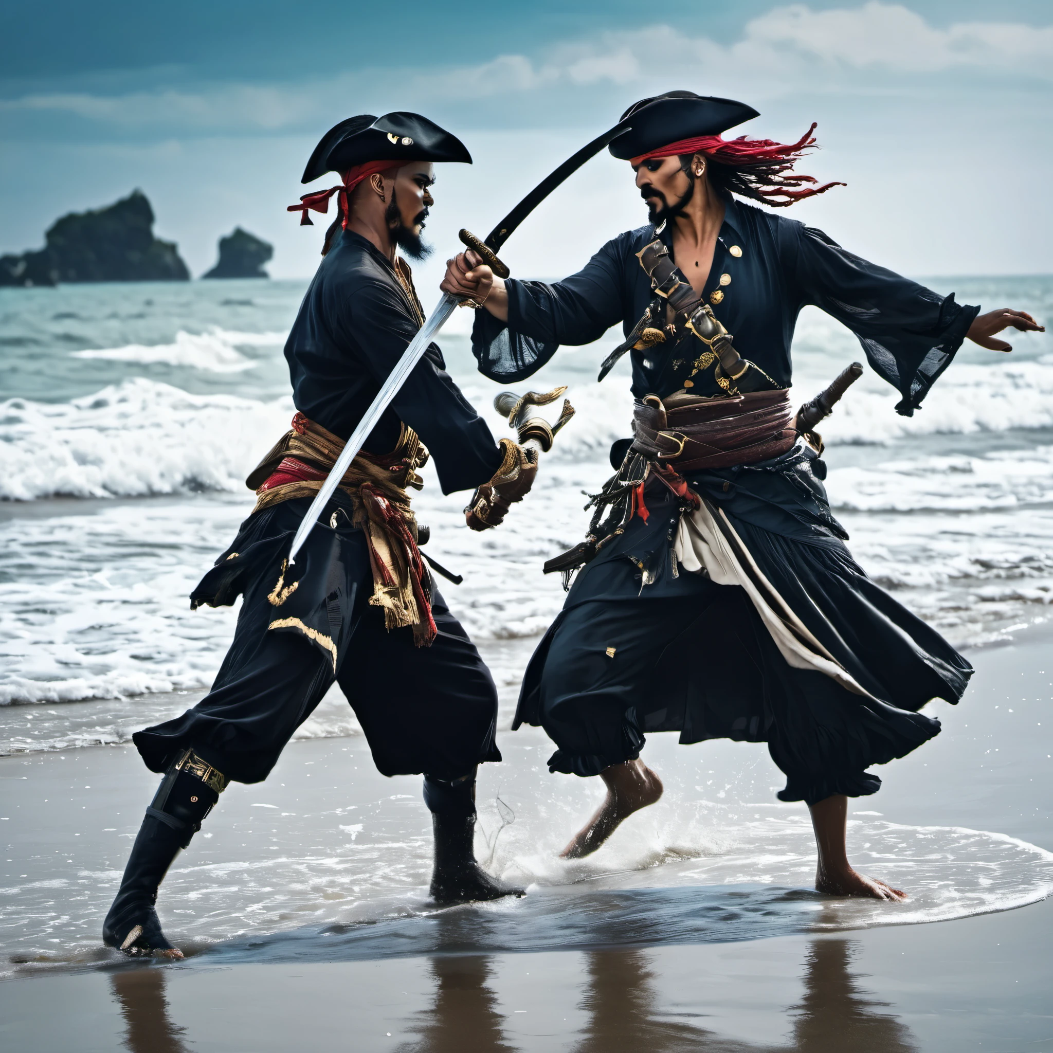 Some fantasy pirates are practicing swordplay on the beach, the tide is rolling in making it look like they are dancing on the sea
