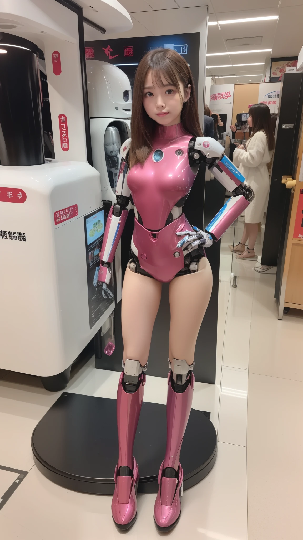 (Photorealsitic:1.4)、one robot woman、(top-quality)、(hyperdetailed face)、(Super well-formed face)、(Robot Parts)、(Female-Robot)、(25 years-old)、(Blue)、(pink there)、(Burgundy)、(metallic)、(full-body)、(sexy pose)、(Slender body)、(Model body type)、(full body mech)、(mechanical exposure)、(Akihabara)、(is looking at the camera)、(A brown-haired)、(Well-proportioned body)、(a small face)、(a small head)、(well-groomed fingers)、(Idol)、(front facing)、(Standing with legs open)、(Photo session)、(Looks sad)、(perfect-female-robot)、(perfect-mechanical-body)