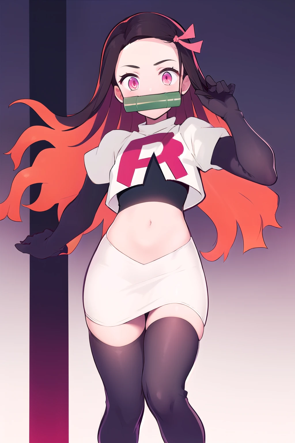 kamado nezuko, 1girl, bamboo, bit gag, brown hair, gag, gagged, gradient hair, hair ribbon, long hair, looking at viewer, multicolored hair, orange hair, pink eyes, pink ribbon, ribbon, solo, ((masterpiece)) , team rocket,team rocket uniform, red letter R, white skirt,white crop top,black thigh-highs,black elbow gloves