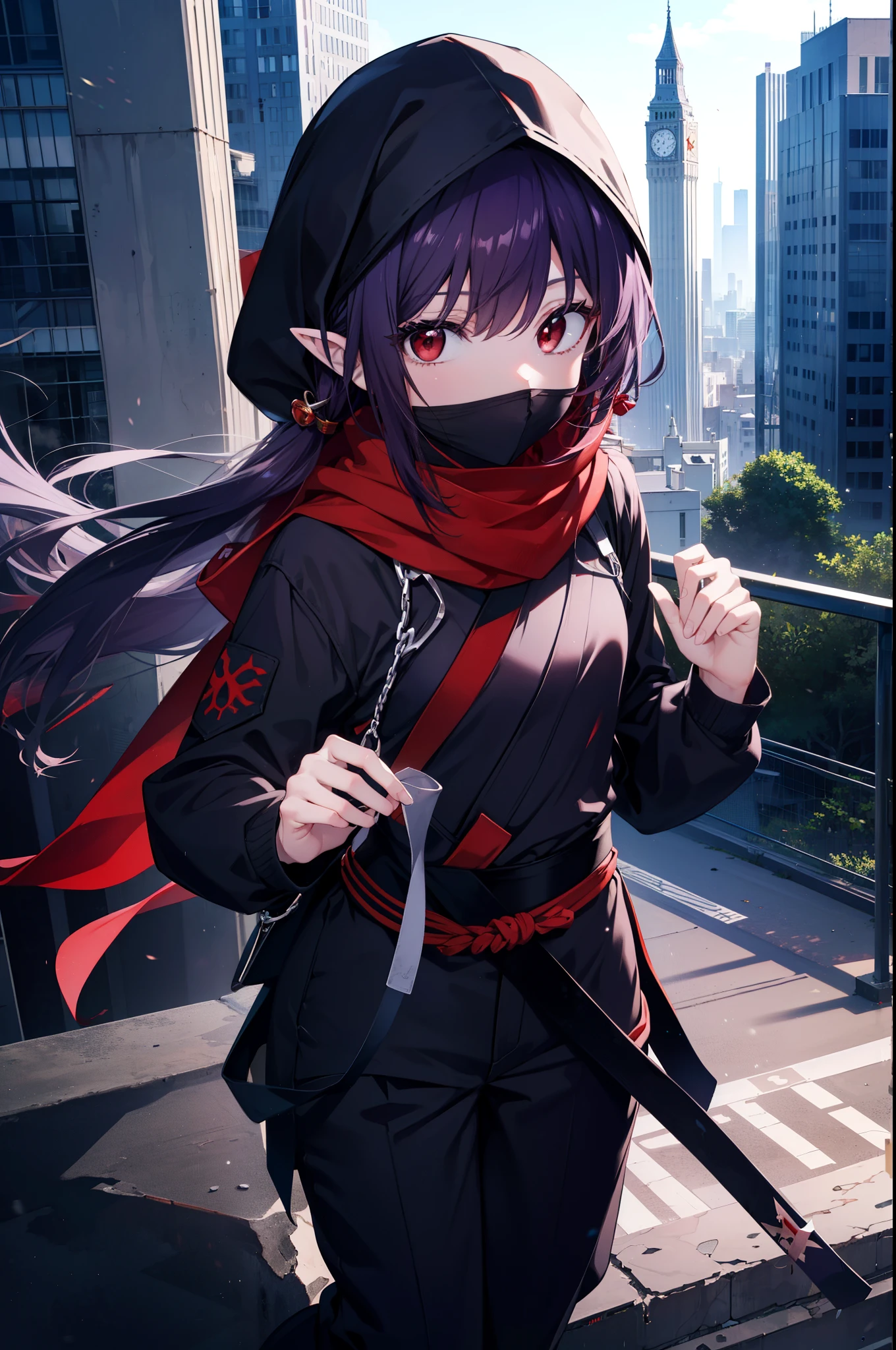 yuukikonno, Yuki Konno, hair band, long hair, pointy ears, purple hair, (red eyes:1.5), (small breasts:1.2),hood up,cover your mouth with a black scarf,strict,black ninja uniform,ninja,black shinobi pants,boots,action pose,overlooking the city from the roof of a building,
break looking at viewer, Upper body, full body,
break outdoors ,Medieval European-style building,
break (masterpiece:1.2), highest quality, High resolution, unity 8k wallpaper, (shape:0.8), (fine and beautiful eyes:1.6), highly detailed face, perfect lighting, Very detailed CG, (perfect hands, perfect anatomy),