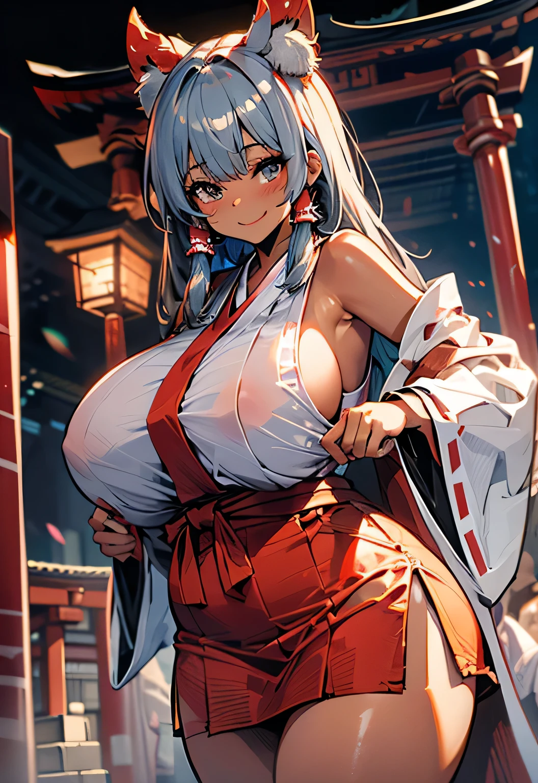  Anime Illustration、High resolution、A plump shrine maiden with dark skin smiling、Primitive costume、gray hair、perfect proportions、reimu hakurei、Overwhelming big brgo beyond common sense、thick legs with fat、big shrine、cowboy shot、Kagura dance