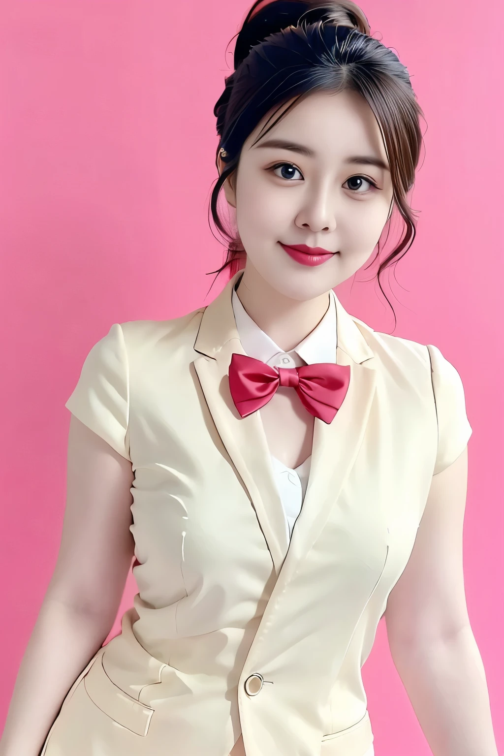 (top quality、8k、masterpiece:1.3))、30-year-old Korean woman，sharp focus, High level of image quality, high resolution，facial focus，Portrait ID photo，Upper body photo。Draw lips correctly, red lipstick，wear white shirt，red bow tie，Green suit。wavy long hair，hair tied up，ponytail，Mature，Charming smiley face，Chubby face，Pink warm color background，solid color background