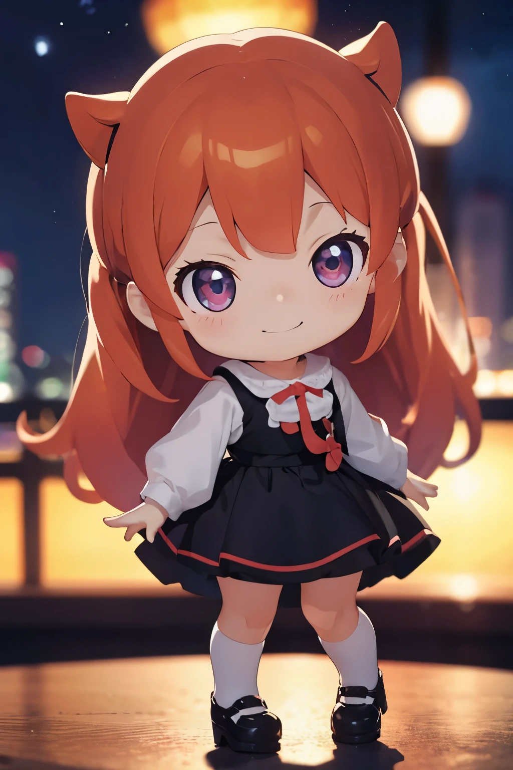 The following scenes will be expressed using chibi girl dolls.(Photoreal、pointing at the stars in the night sky、smile)