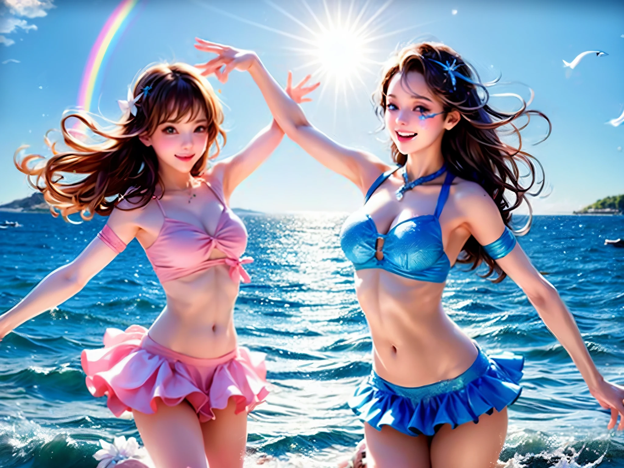 cute girls Dancing on the Sea Surface, rainbow, sun shine