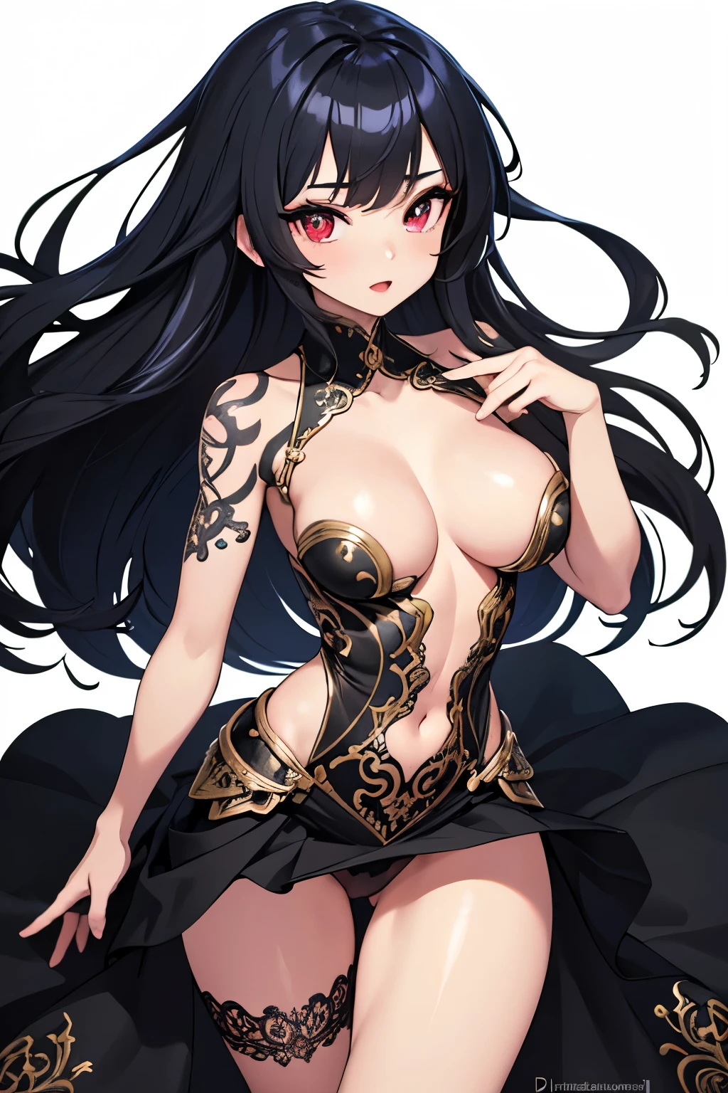 1girl, anime, cute girl, blank background, white background, fantasy, detailed fantasy dress with highlights, beautiful face, beautiful eyes, dark colors, black hair with multicolor streaks, red eye with different color pupil in eye, multicolor eye, medium small breasts (slightly big), slight cleavage, beautiful skin, cute, breast curtains, extremely delicate and beautiful, (beautiful detailed face:1.0), (detailed deep eyes), symmetrical breasts, deep eyes, shiny skin, portrait, slender waist, hips wider than shoulders, thighs, expressionless, young girl, luminous eyes, adorable,(Kpop idol),(aegyo sal:1),(Platinum blonde hair:1),((puffy eye)),Black panty,sexy posture,Superskirt, ultra high resolution,Black collar,slim figure, Abdominal y tattoo, womb tattoo,Tight-fitting leg ring,y tattoo on half-body,Bare skin, Armored hand,Hidden fingertips,Hand covered,Arm covered,Fist covered,{{beautiful detailed fingers}}, tufts of hair, moderate beautiful breast:1.0,(masterpiece:1.2), best quality, high-res, HDR, perfect face, intricate armor, delicate blue filigree, intricate filigree, red metalic parts, detailed part, dynamic pose, dynamic lights,