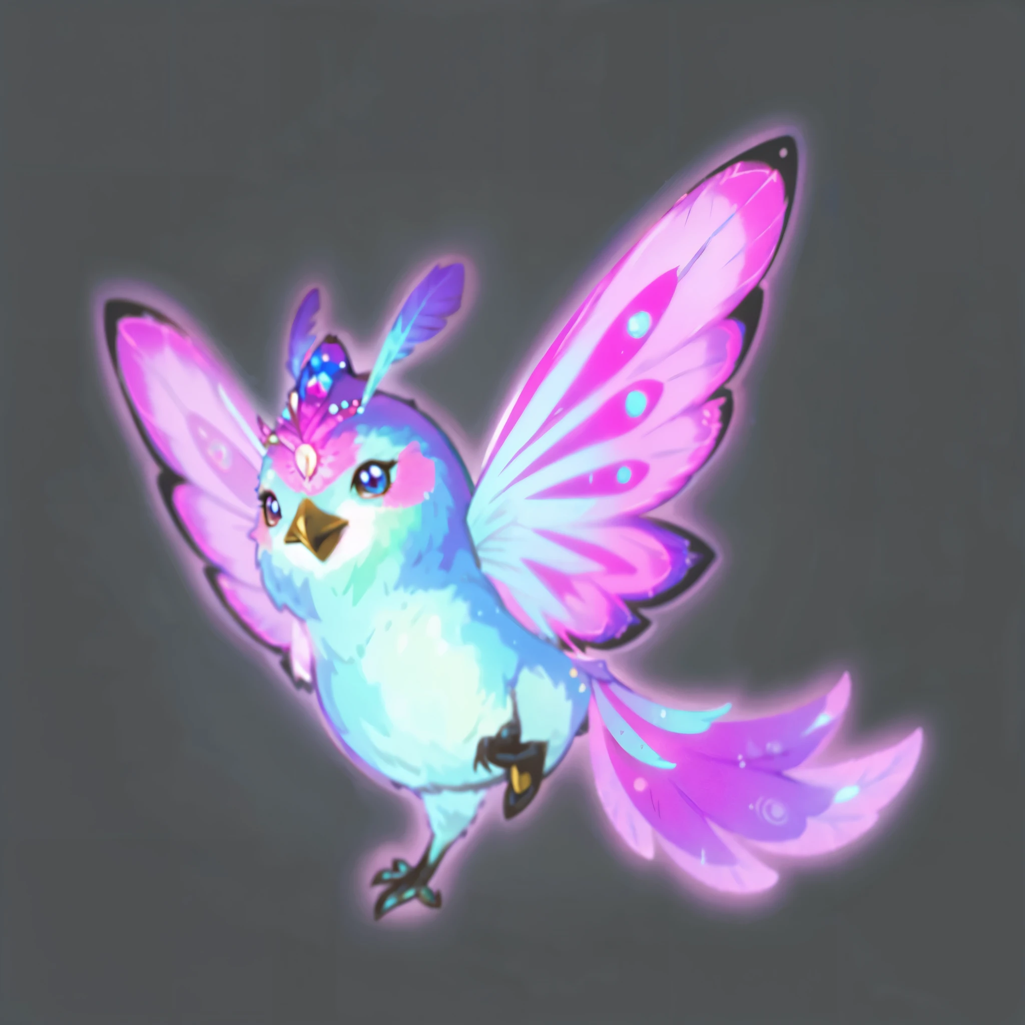 There is a blue bird,Wearing a pink crown, bilb, glowing feathers, Cute glowing creatures, Elf character, Elf, neon wings, have big wings, ethereal wings, fantasy concept art, a friendly touch, She has iris membrane, Astral Fairy, offanim (Ophanim) Have bird wings, iridescent wings, feather wings