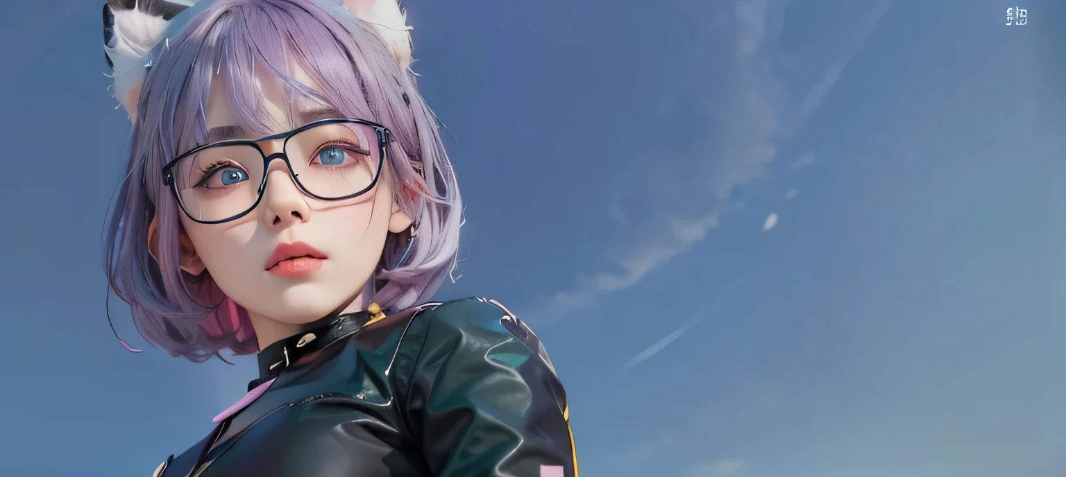 (masterpiece)，estilo dos desenhos animados，ultra high-detail，Dressed in Red sabrina neck shirt,(Short ear-length hair:1.2)，Large pale Blue eyes (Light Blue left pupil+Light Green Right Pupil eye color), (Purple hair color+Pale pink rimmed glasses Black card issue:1.4)，Detailed depiction snap detail，The camera tilts slightly behind the character，Light dusk，Candy tones,Circular garland detail on top of figure，Look up into the distance，Campus buildings depicted in detail behind it。