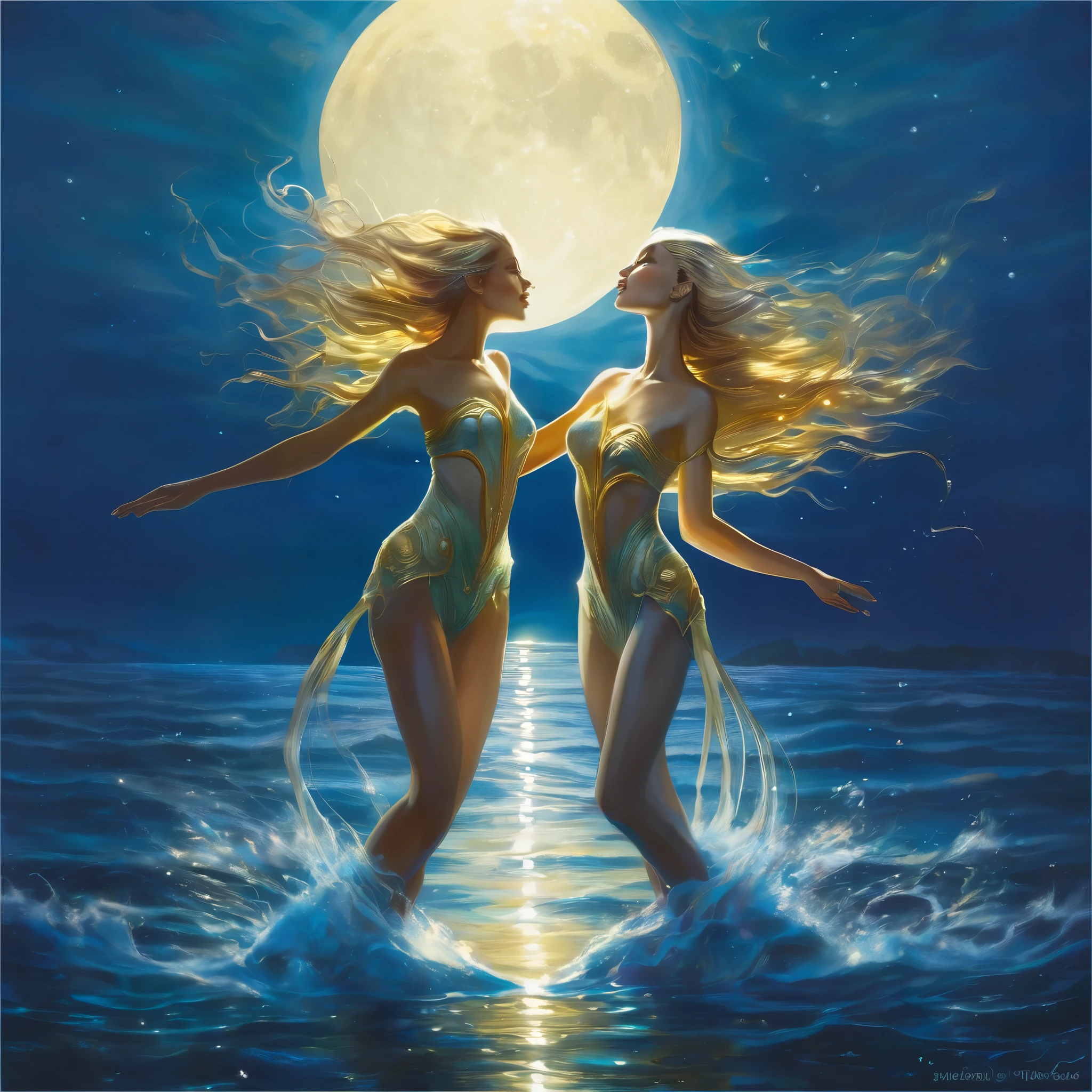 A pair of gorgeous, sinewy, sea elf women (age 30). sing and dace on the surface of the ocean u moonlight.