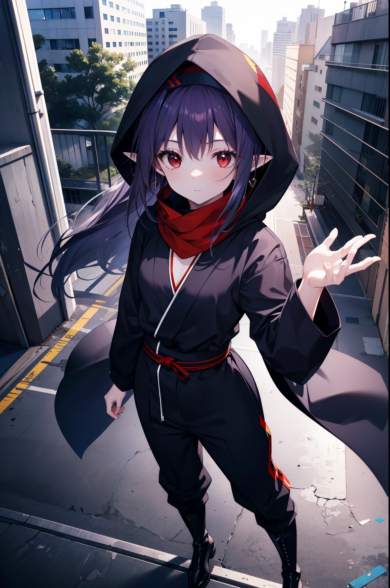 yuukikonno, Yuki Konno, hair band, long hair, pointy ears, purple hair, (red eyes:1.5), (small breasts:1.2),hood up,cover your mouth with a black scarf,strict,black ninja uniform,ninja,black shinobi pants,boots,action pose,overlooking the city from the roof of a building,
break looking at viewer, Upper body, full body,
break outdoors ,Medieval European-style building,
break (masterpiece:1.2), highest quality, High resolution, unity 8k wallpaper, (shape:0.8), (fine and beautiful eyes:1.6), highly detailed face, perfect lighting, Very detailed CG, (perfect hands, perfect anatomy),